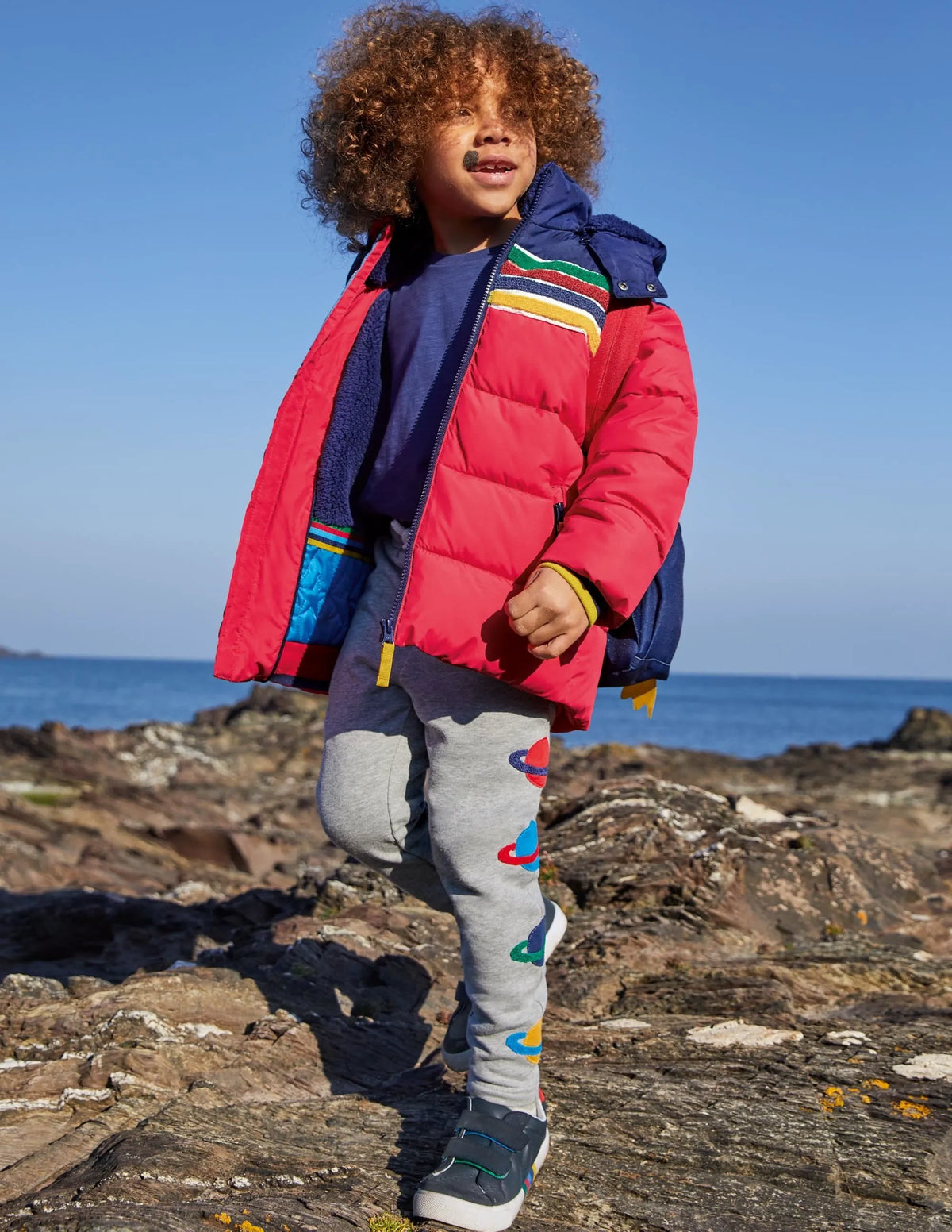 Water Resistant Padded Jacket-Rockabilly Red/Navy Rainbow