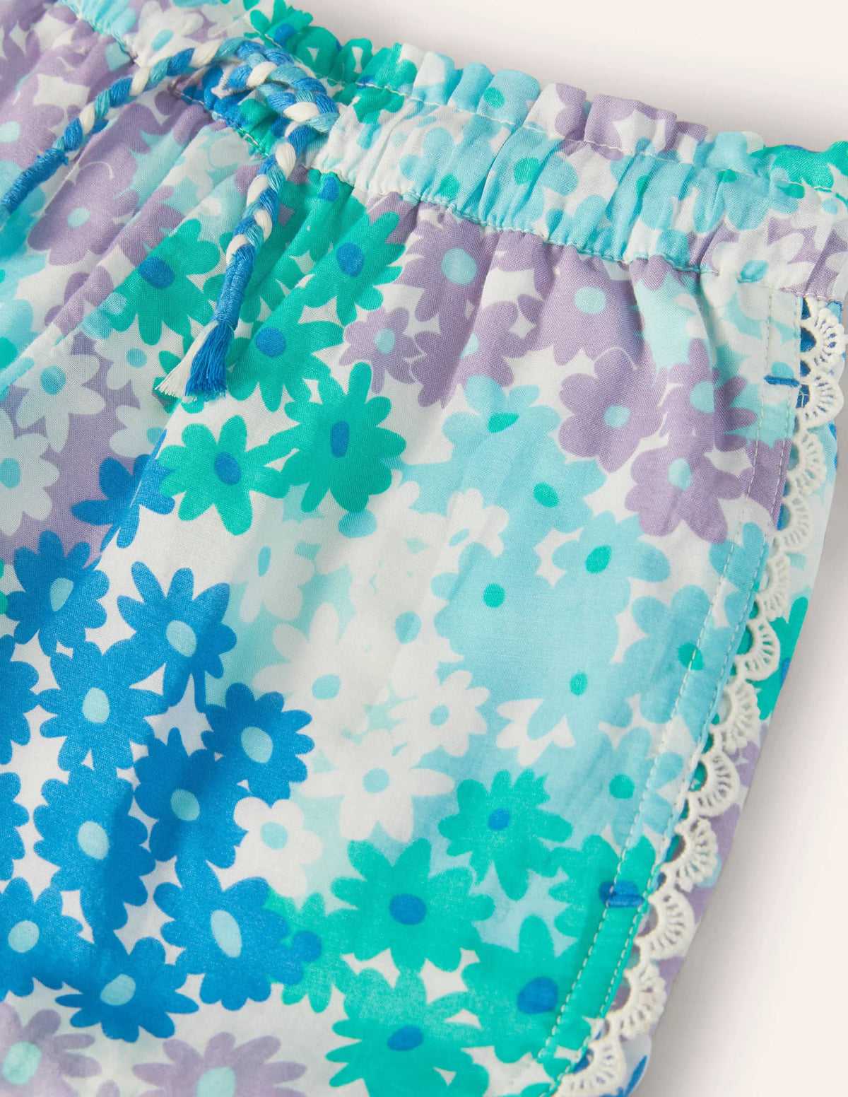 Lace Detail Shorts-Moroccan Blue Summer Daisy