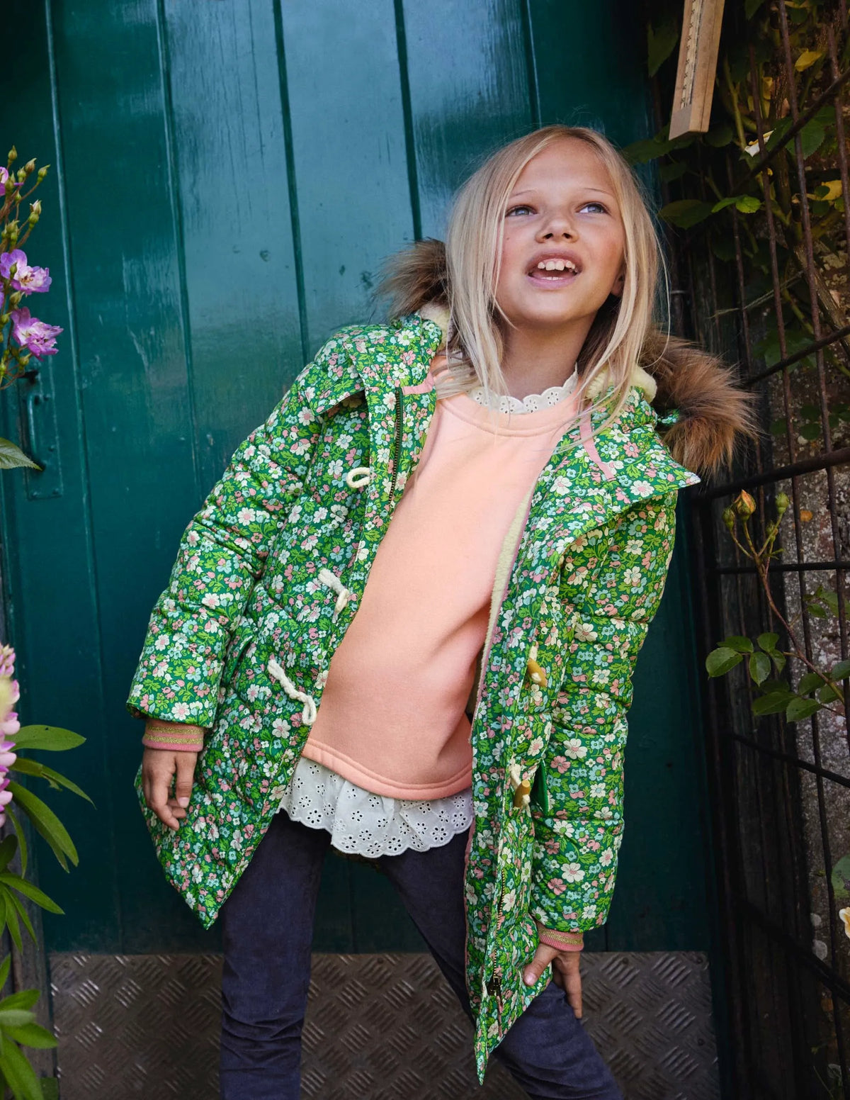 Longline Padded Jacket-Forest Green Floral