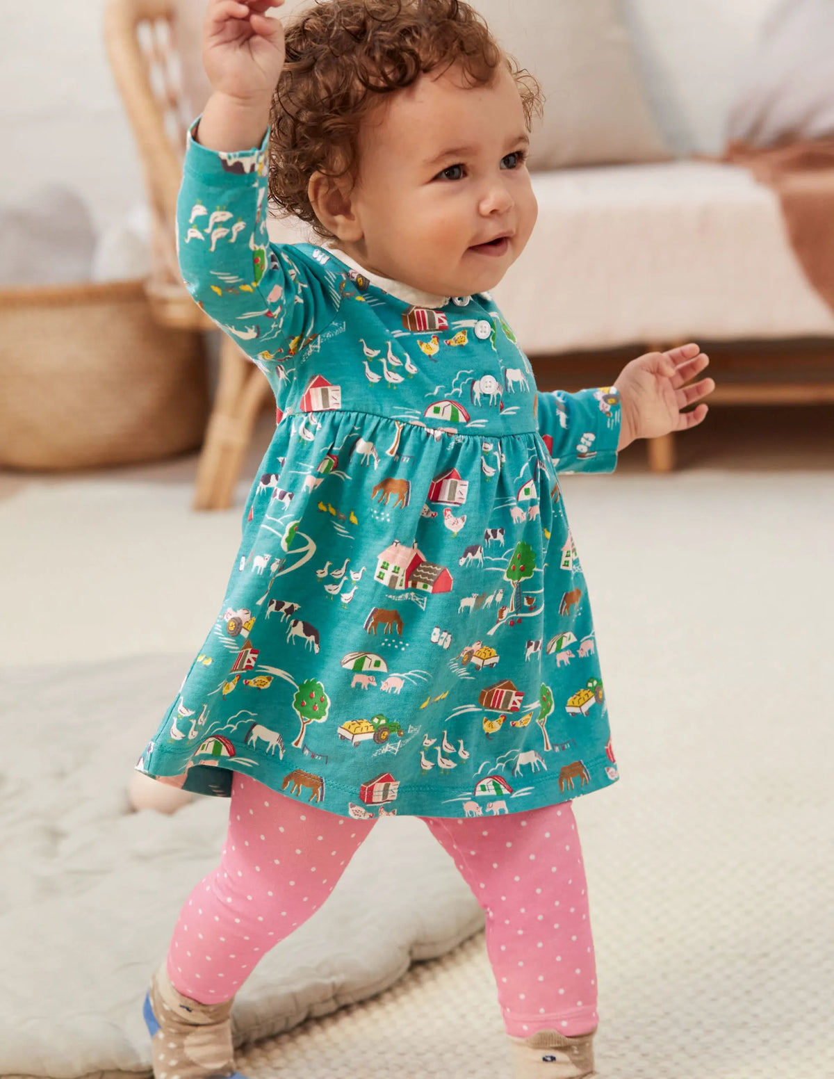 Jersey Collared Dress-Brook Blue Farmyard