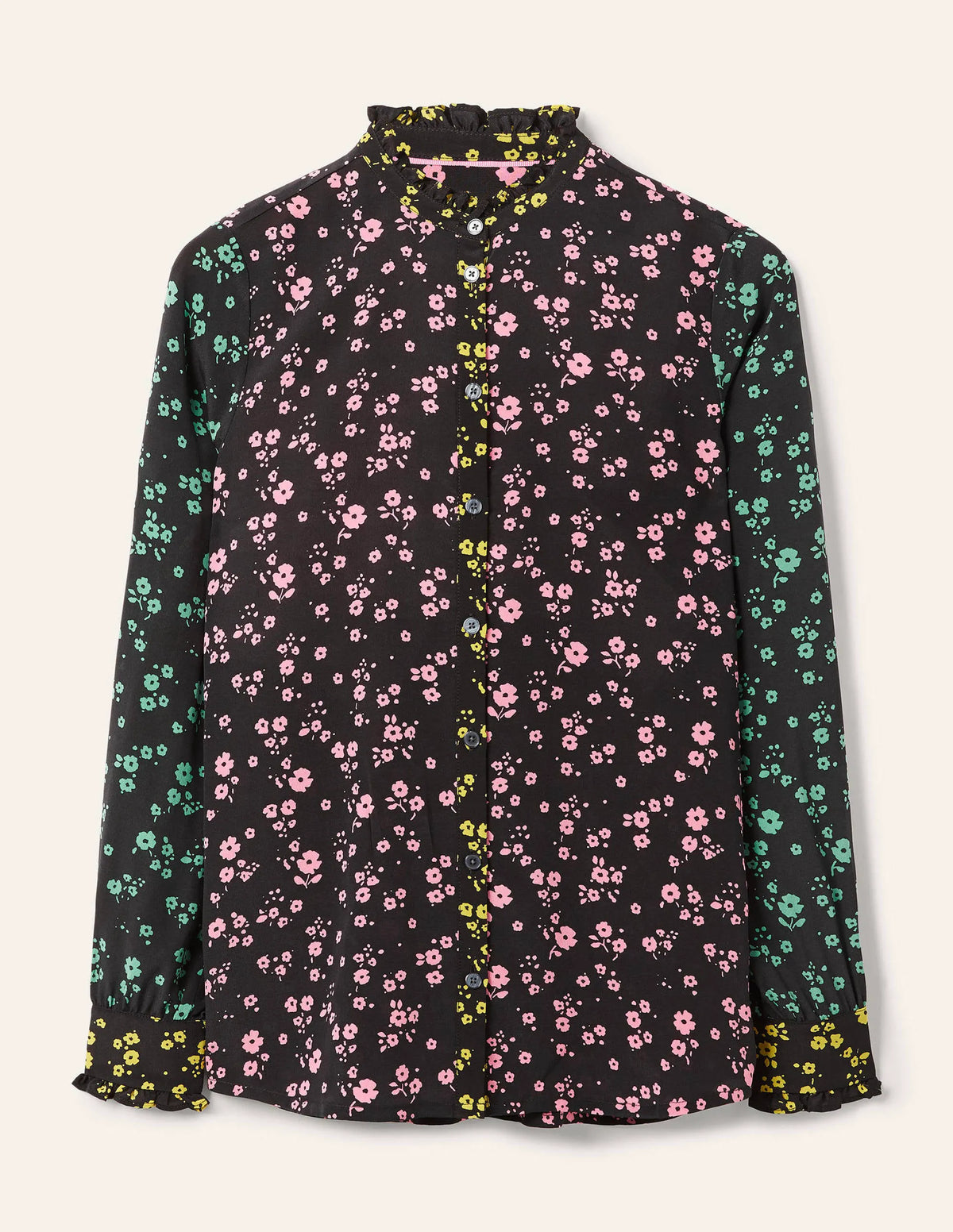 Ruffle Silk Shirt-Black and Azalea, Floral Sprig