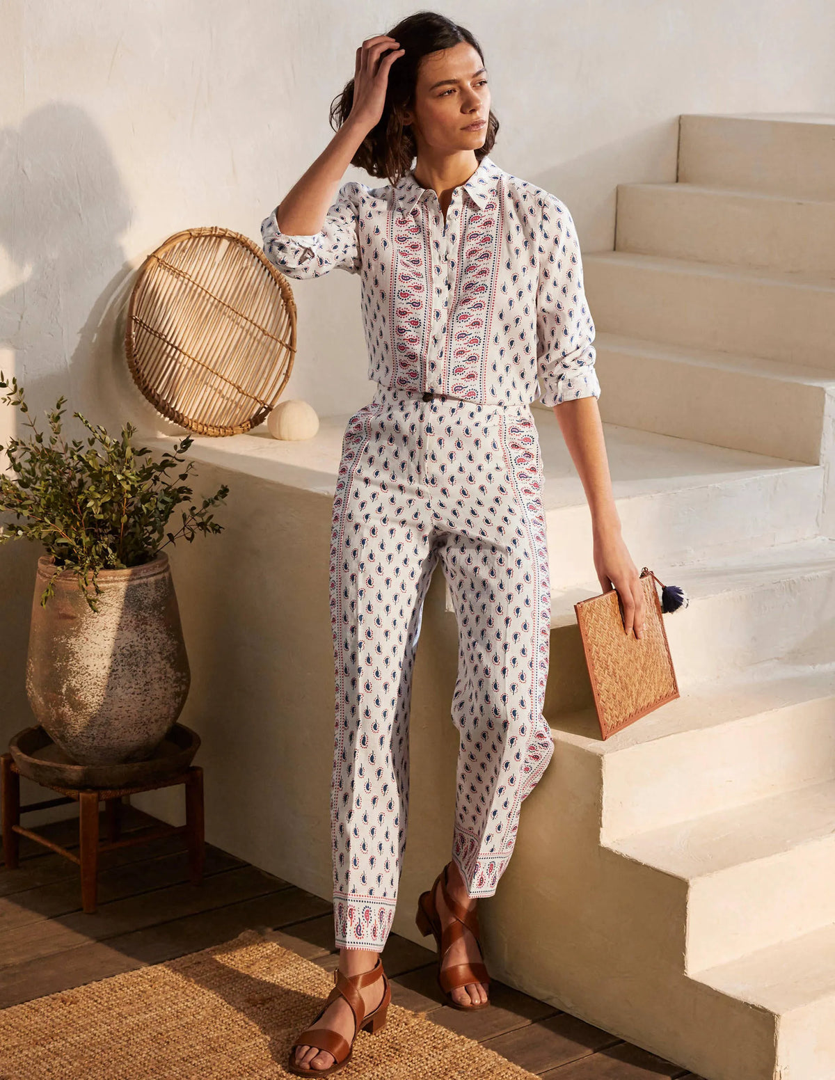 Cornwall Linen Pants-Ivory, Paisley Stamp