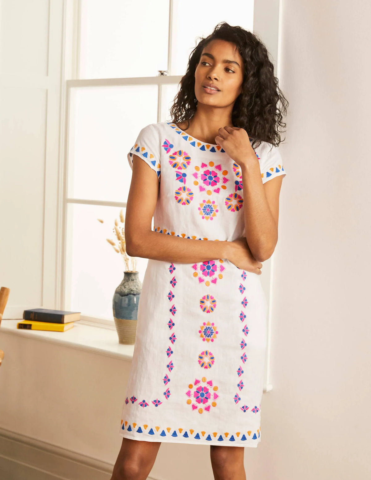 Laura Linen Embroidered Dress-White