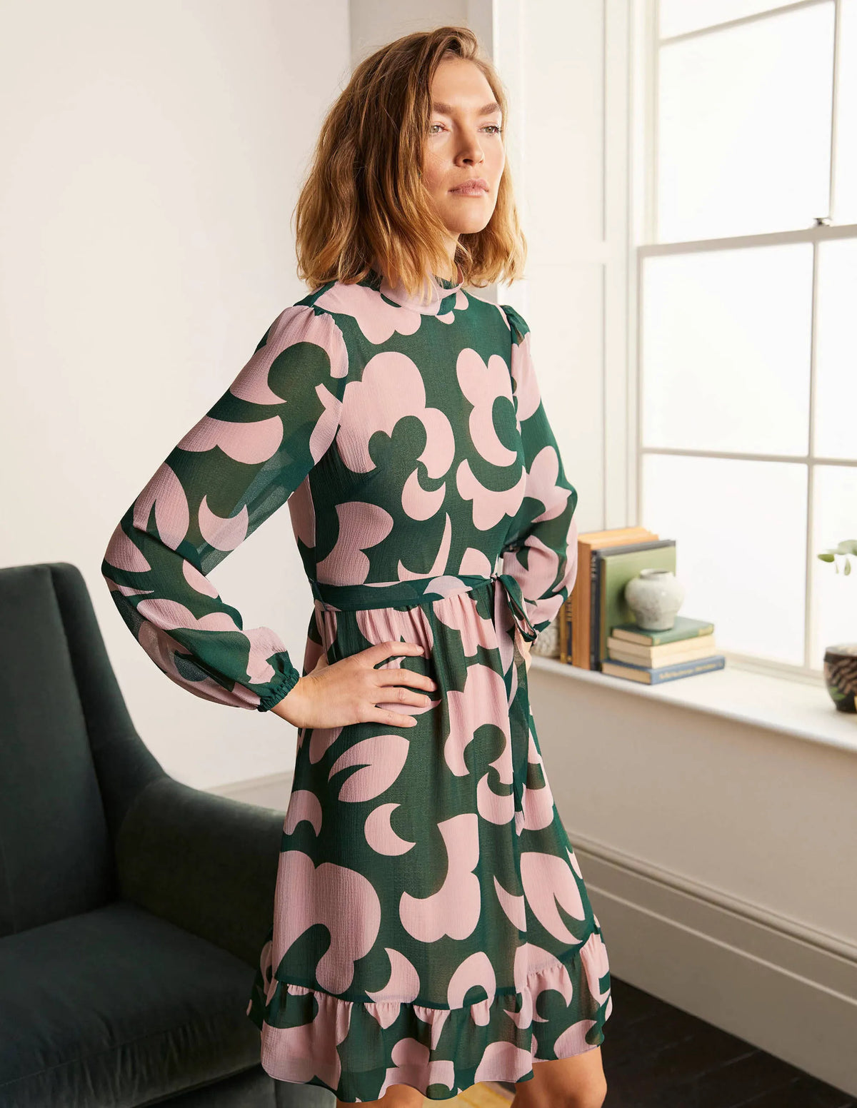 Lottie Belted Dress-Palm Leaf, Dream Cloud