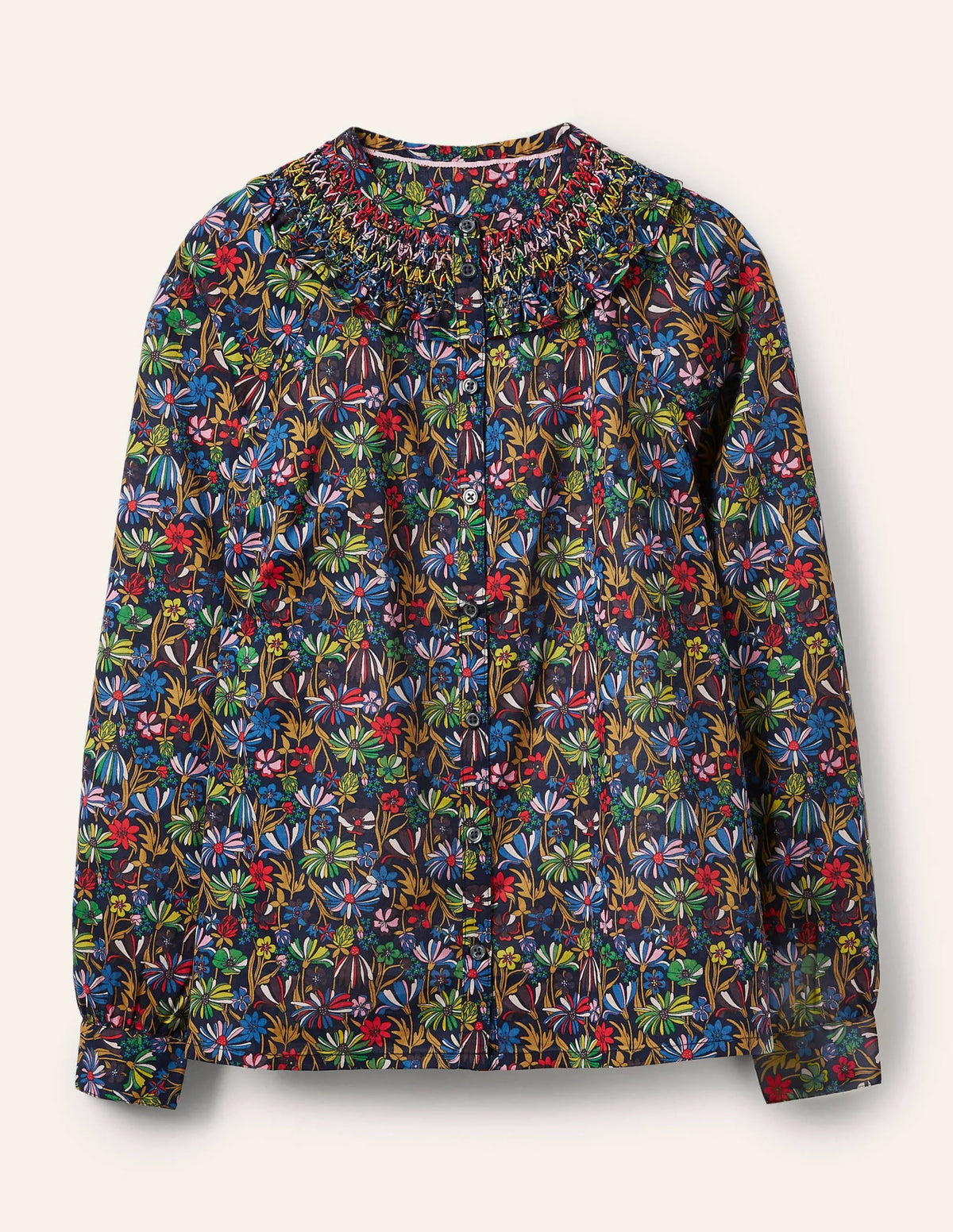 Leandra Smocked Cotton Shirt-Navy, Wild Dandelion