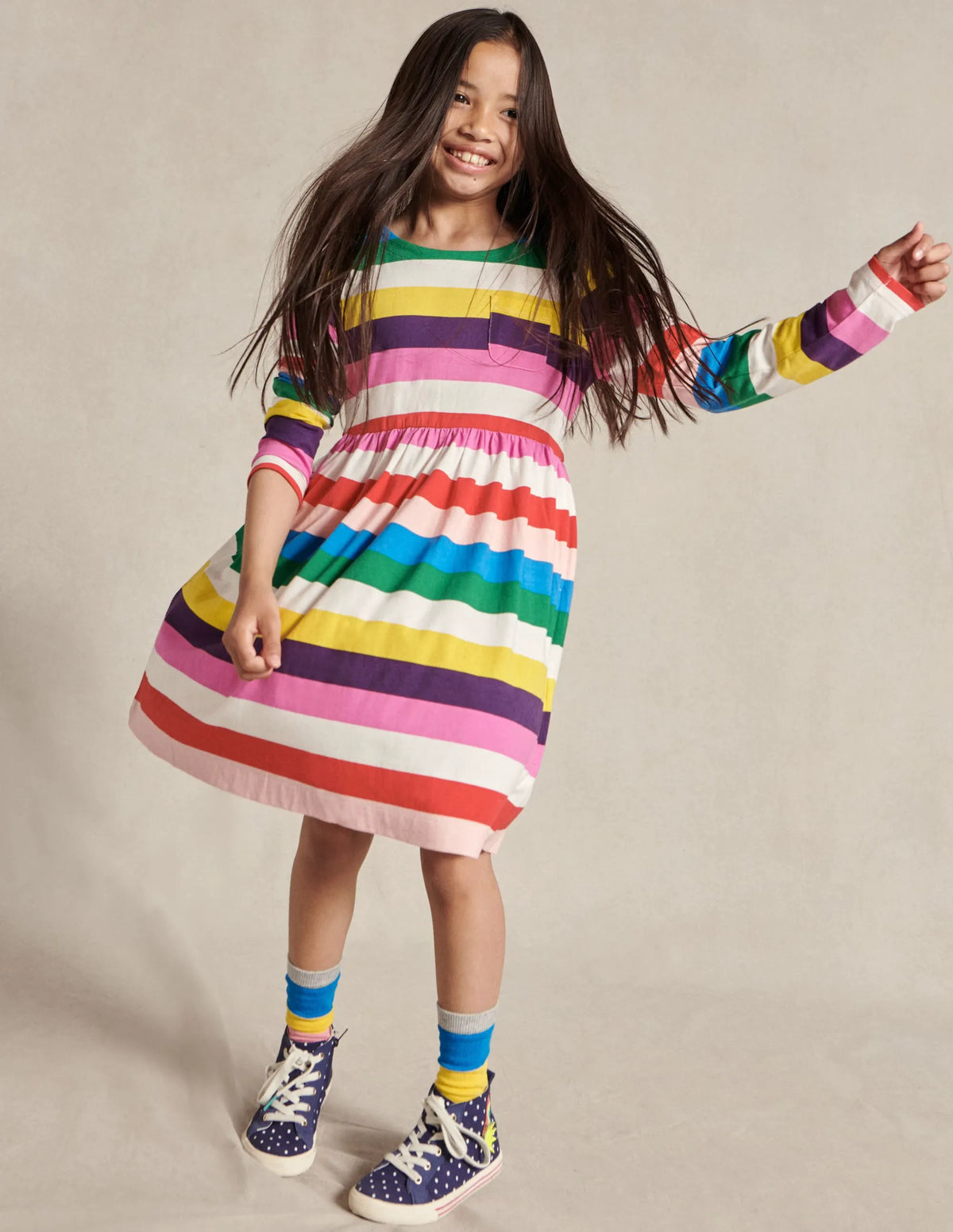Long Sleeve Fun Jersey Dress-Multi Rainbow Stripe