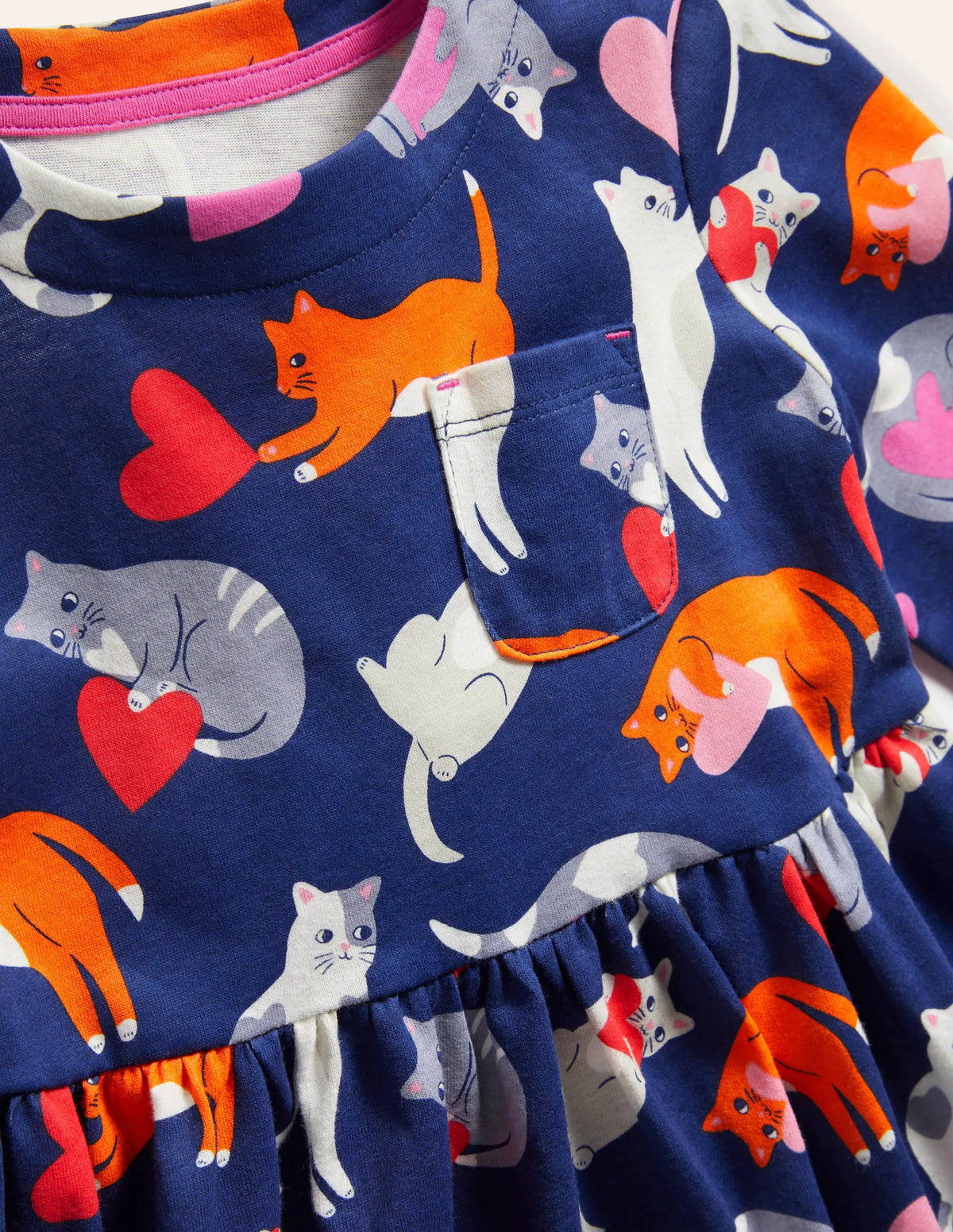 Long Sleeve Fun Jersey Dress-Starboard Blue Love Cats