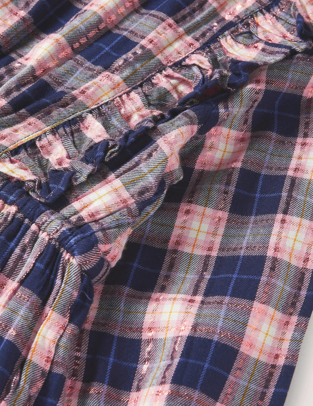 Frill Tiered Long-sleeve Dress-College Navy/Gold Check