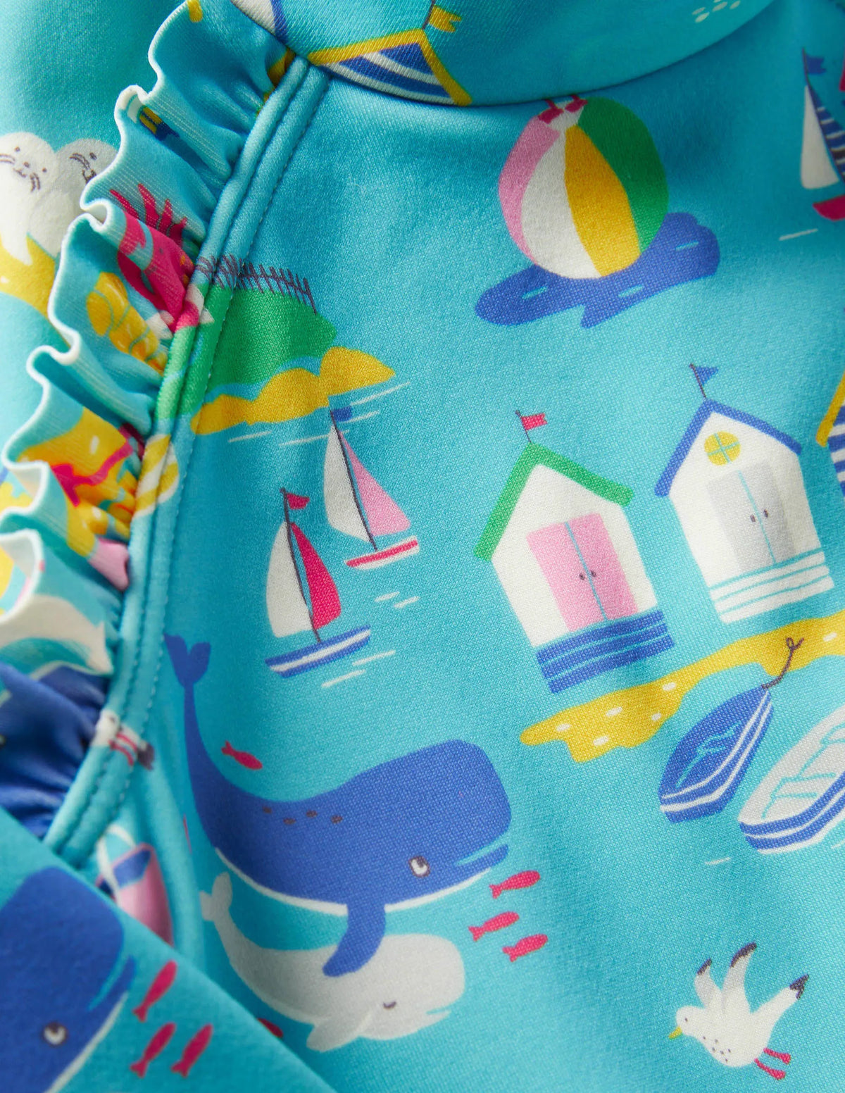Long Sleeve Frilly Swimsuit-Surfboard Blue Ticking Stripe