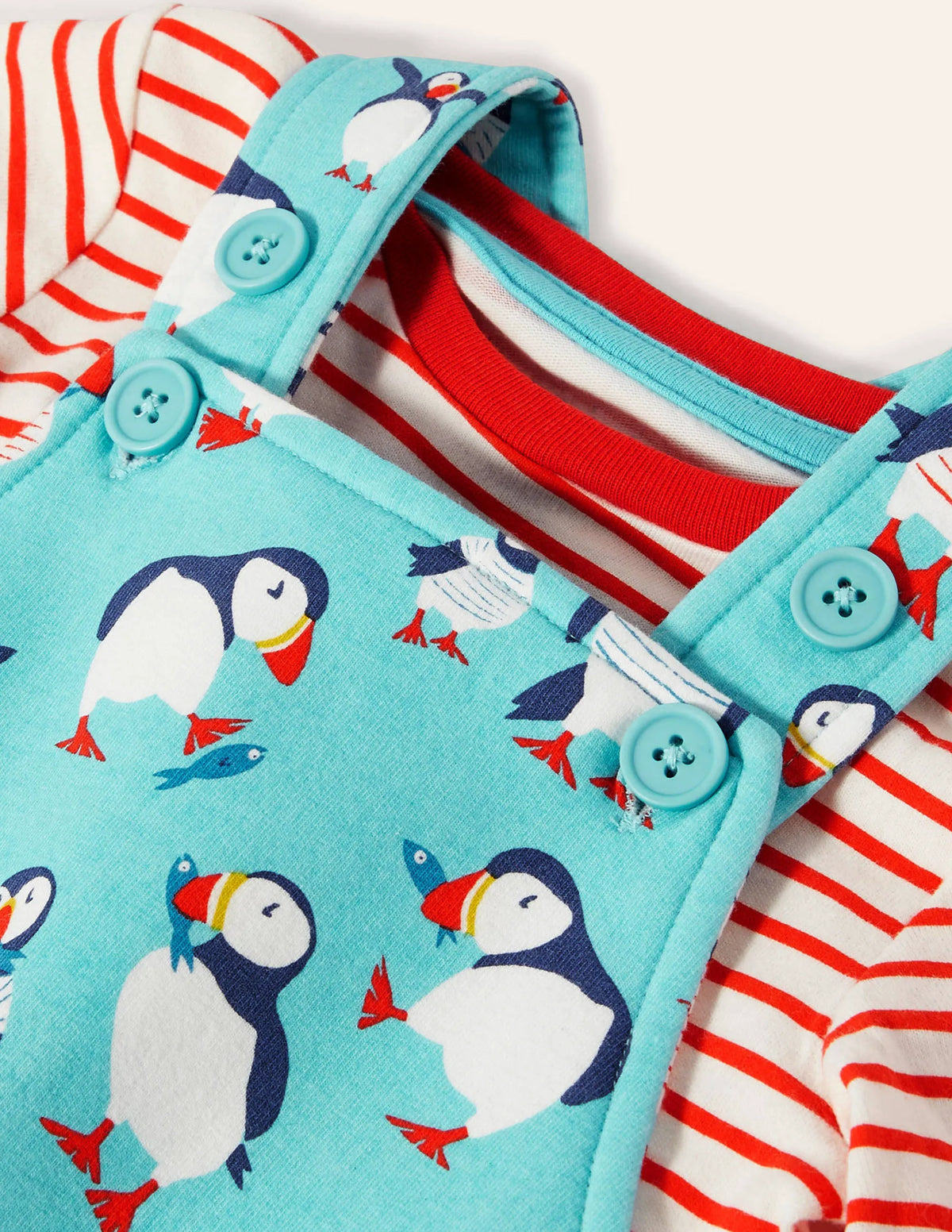 Printed Jersey Overalls Set-Aqua Blue Puffins
