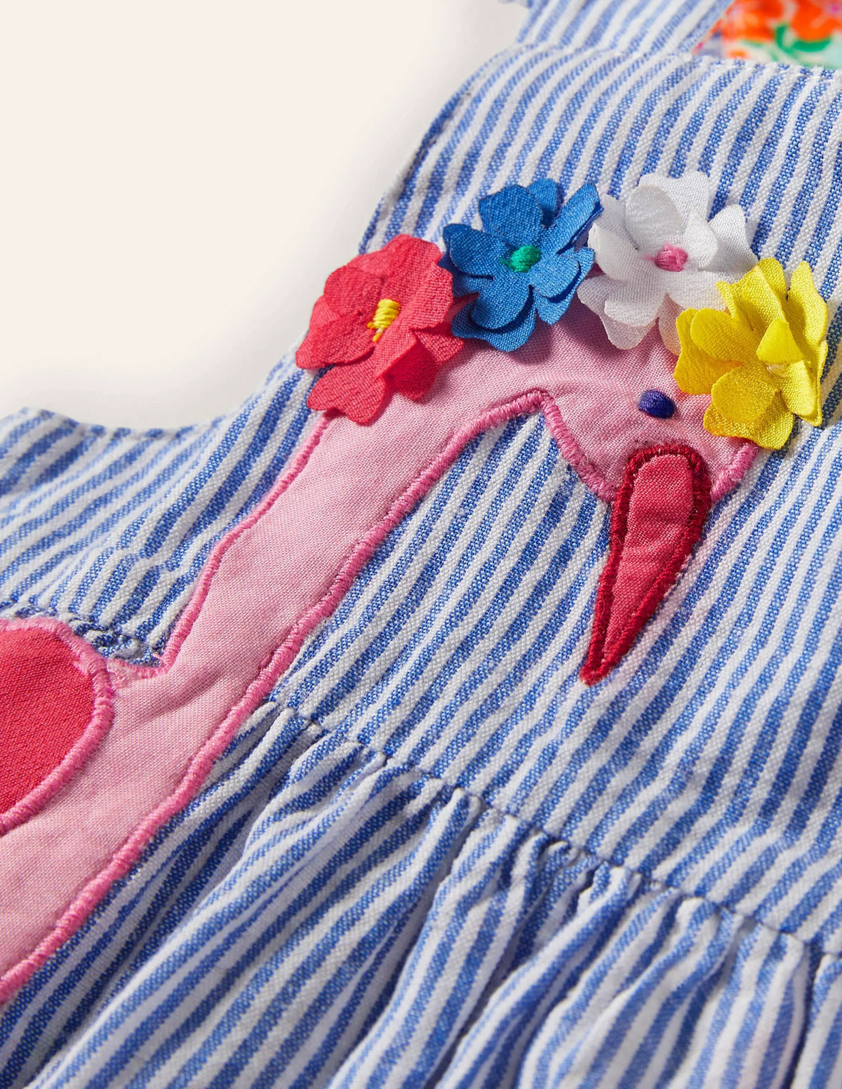 Woven Appliqué Dress-Ivory/Bluebell Flamingo