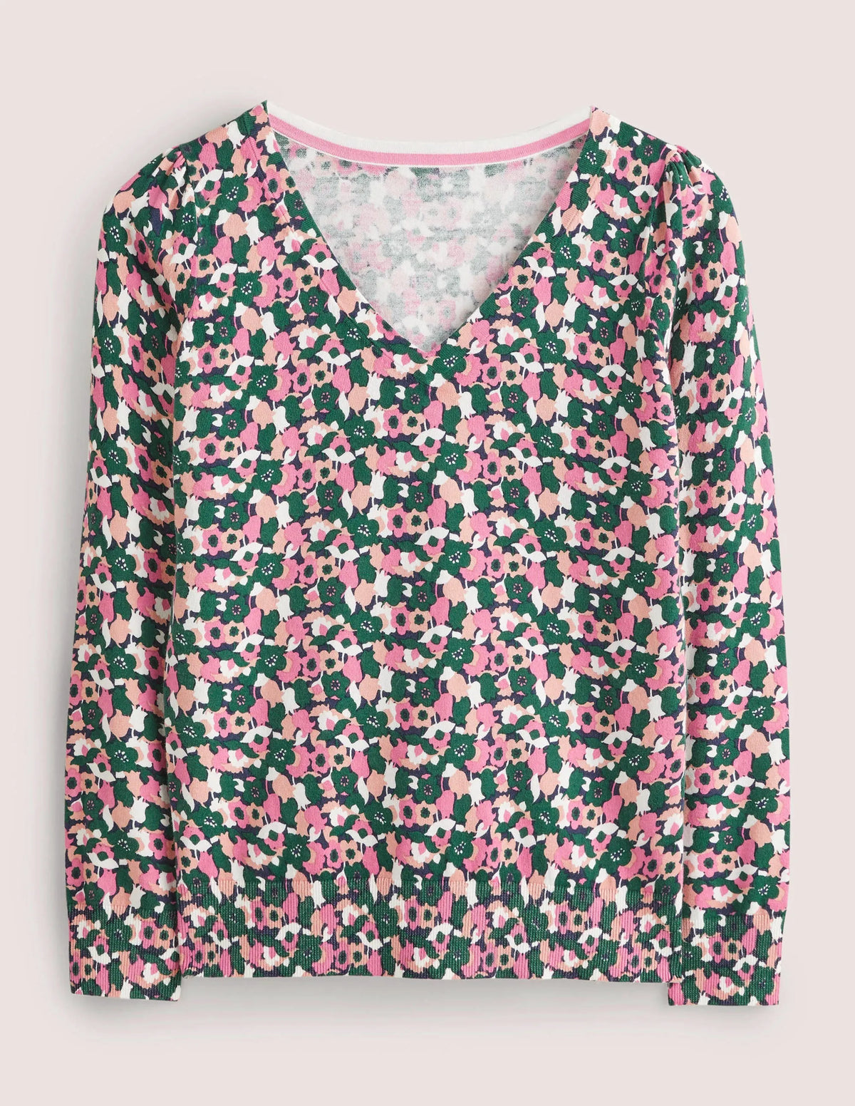 Cotton V-Neck Sweater-Wild Rose, Tulip Cluster