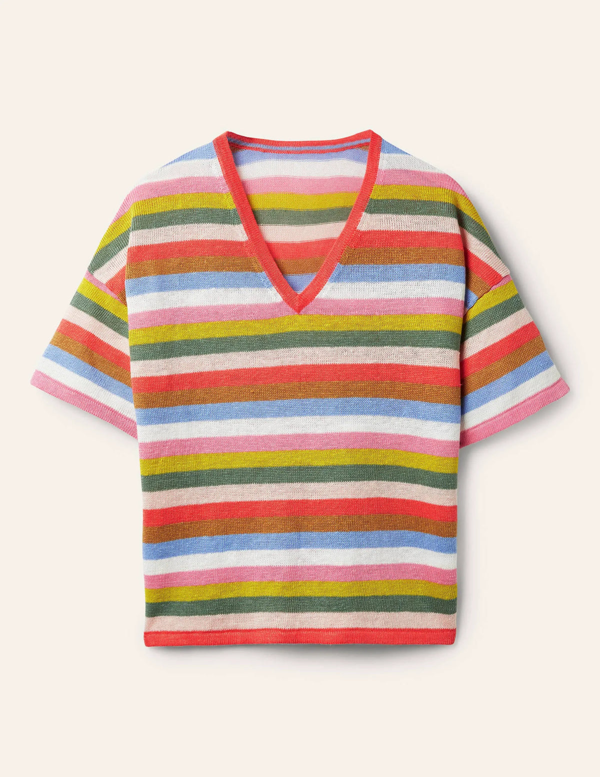 Linen Knitted T-shirt-Hot Coral Rainbow
