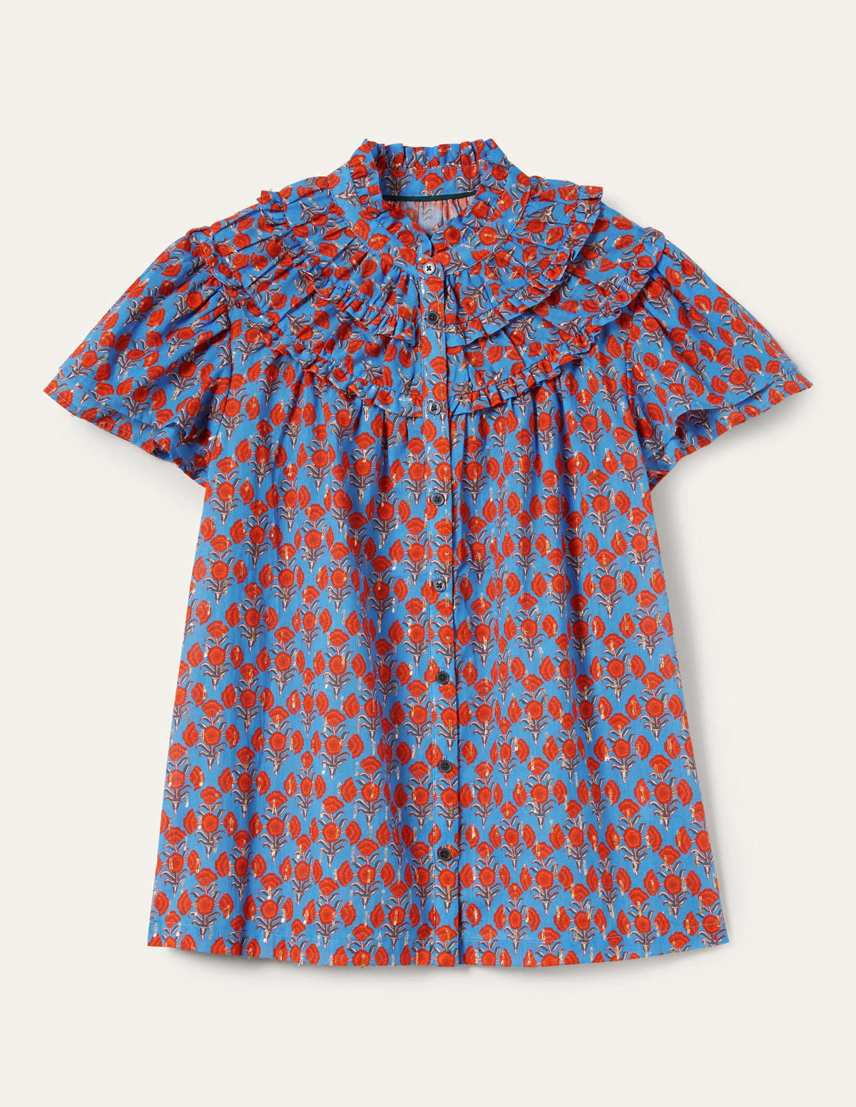 Metallic Ruched Detail Blouse-Mosaic Blue, Poppy Geo
