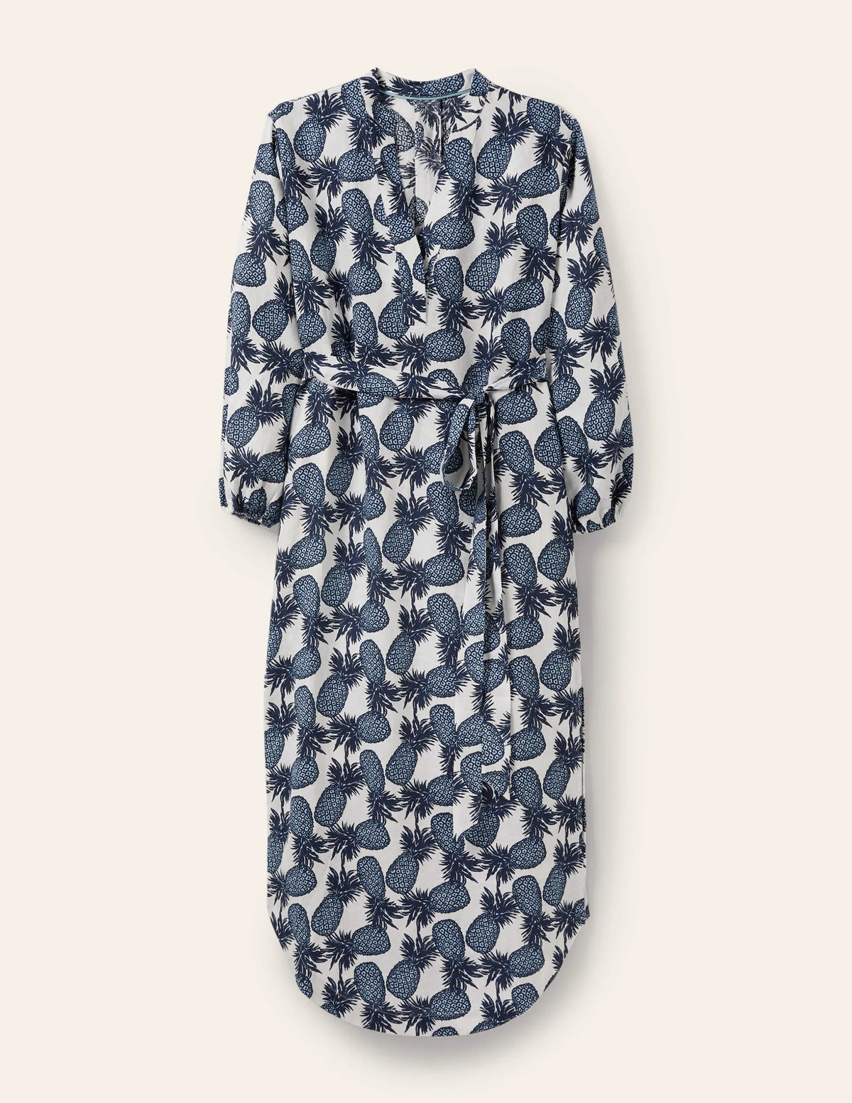 Long Sleeve Linen Maxi Dress-Ivory, Pineapple Cluster