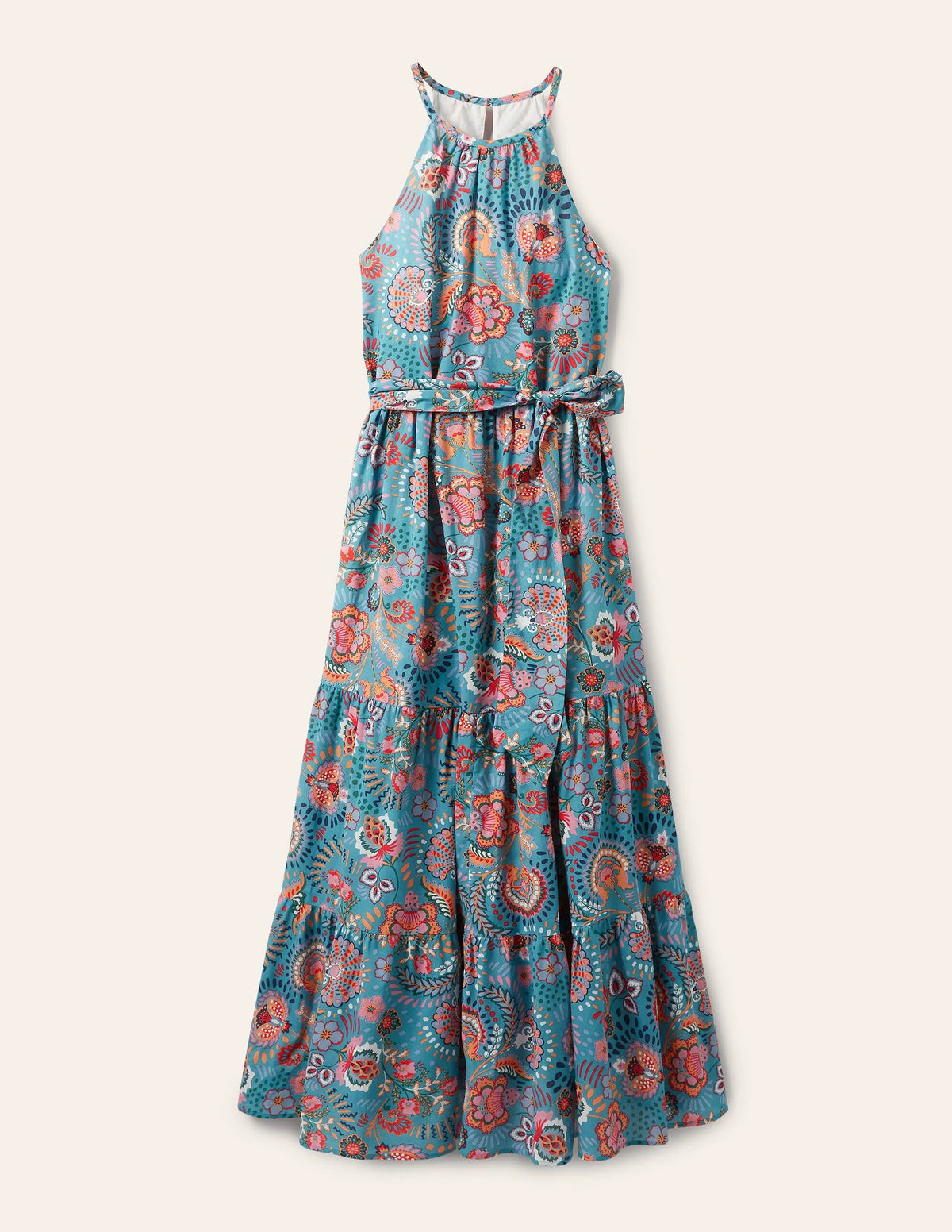 Halterneck Tiered Maxi Dress-Larkspur, Decorative Meadow