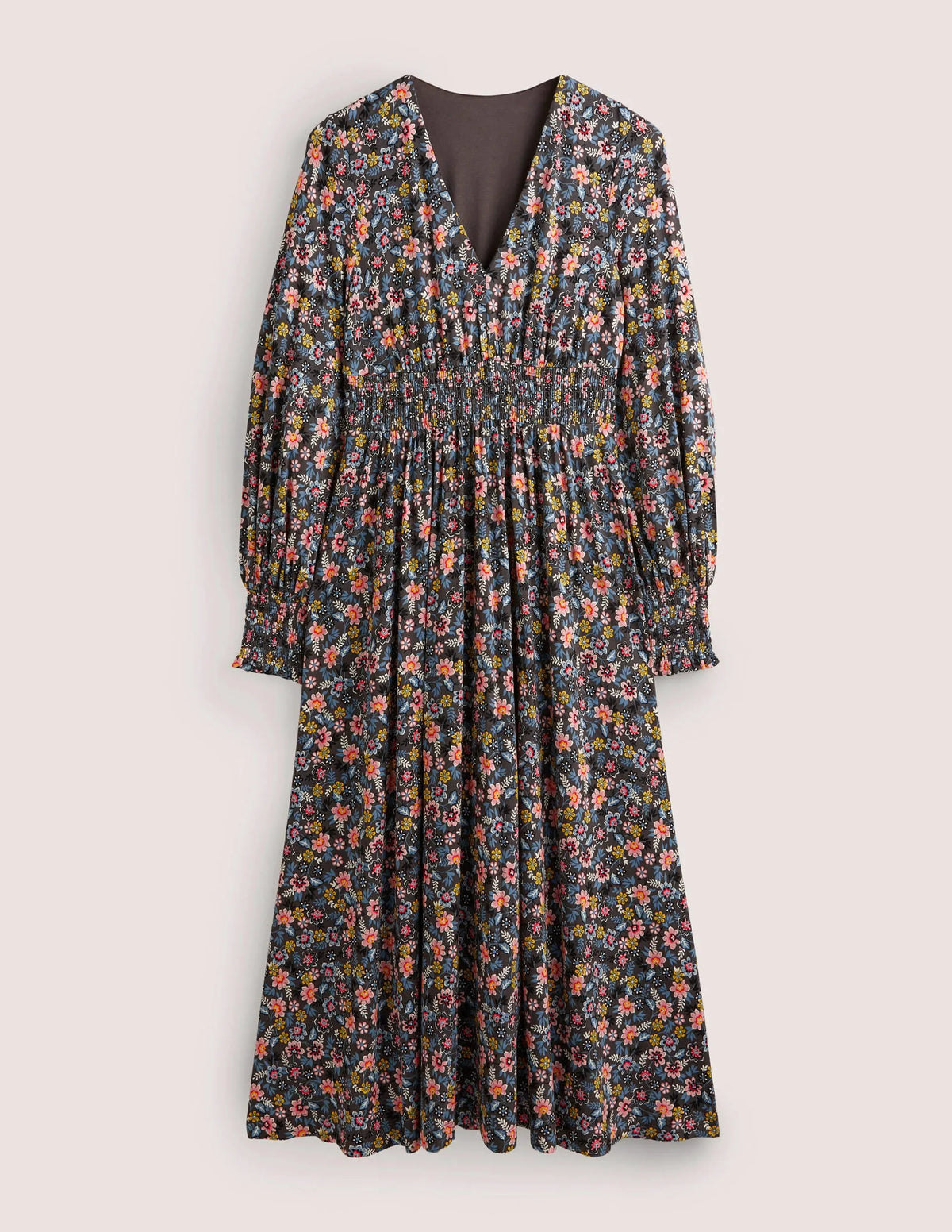 Smocked Jersey Midi Dress-Graphite, Opulent Leaf
