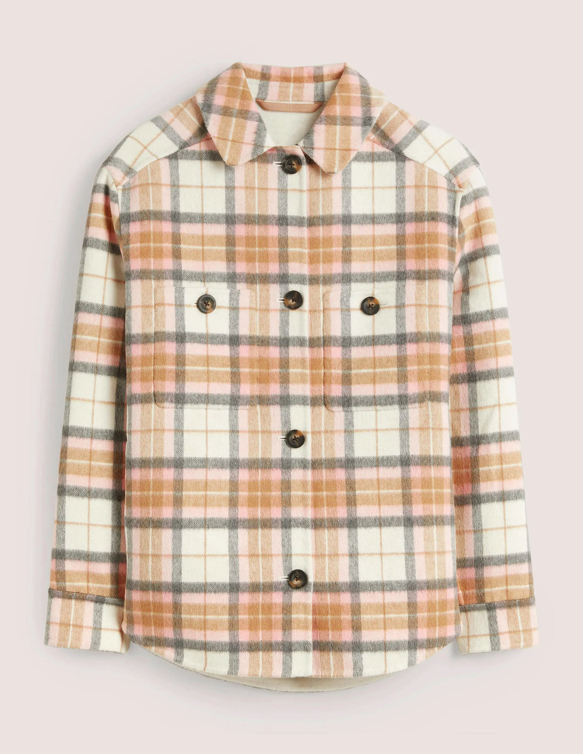 Relaxed Wool Overshirt-Oatmeal Melange and Pink Check