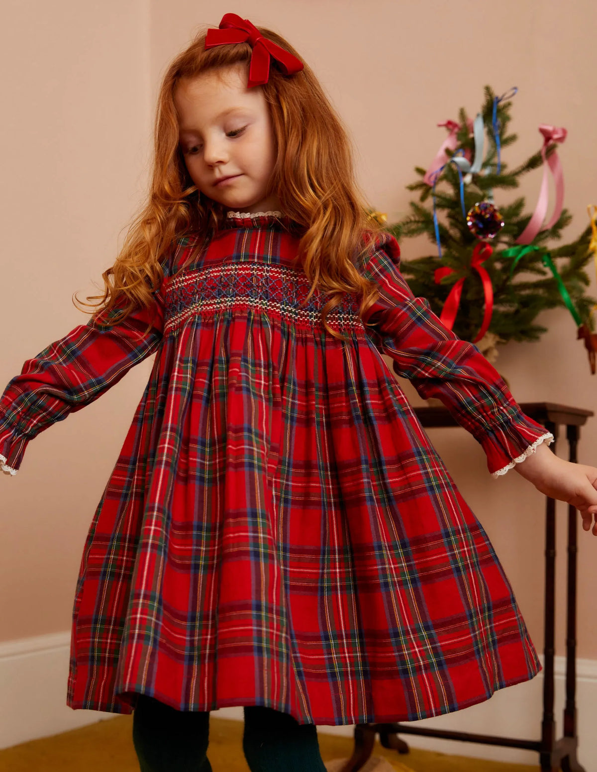 Smocked Heritage Check Dress-Red / Blue Check