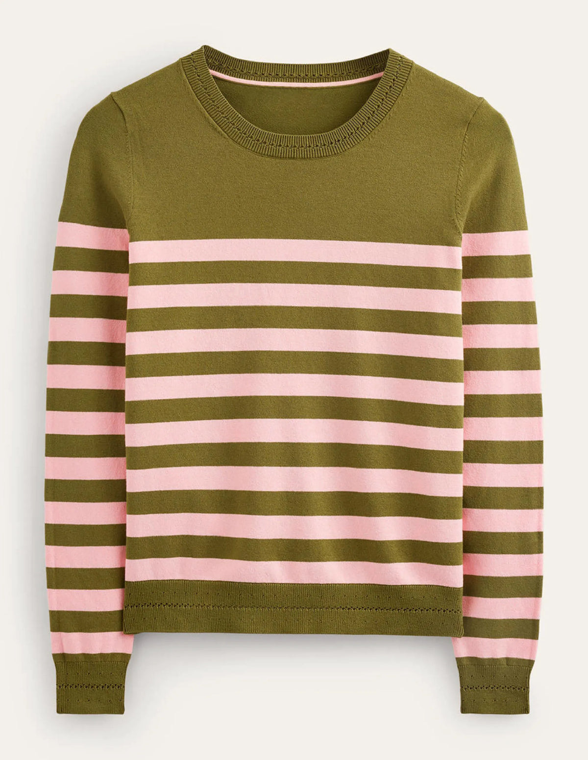 Catriona Cotton Crew Jumper-Chalky Pink and Green Olive