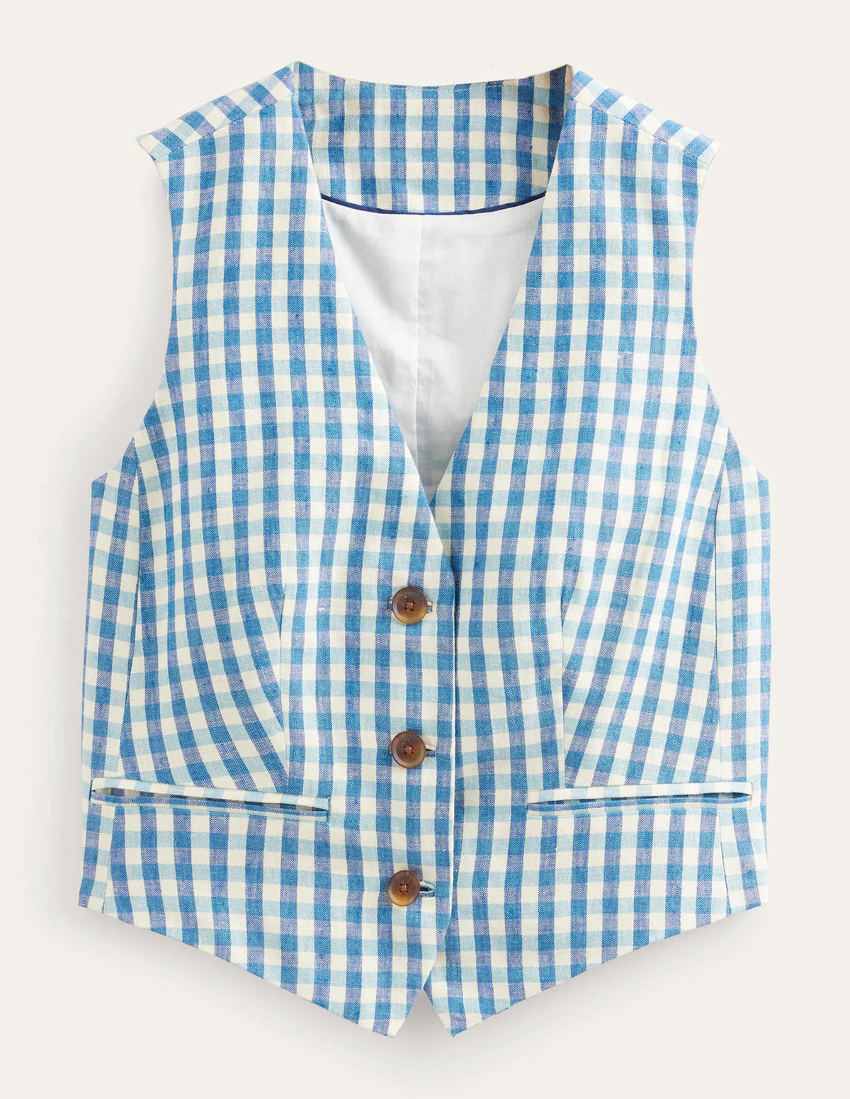 Linen V-Neck Waistcoat-Blue and White Gingham