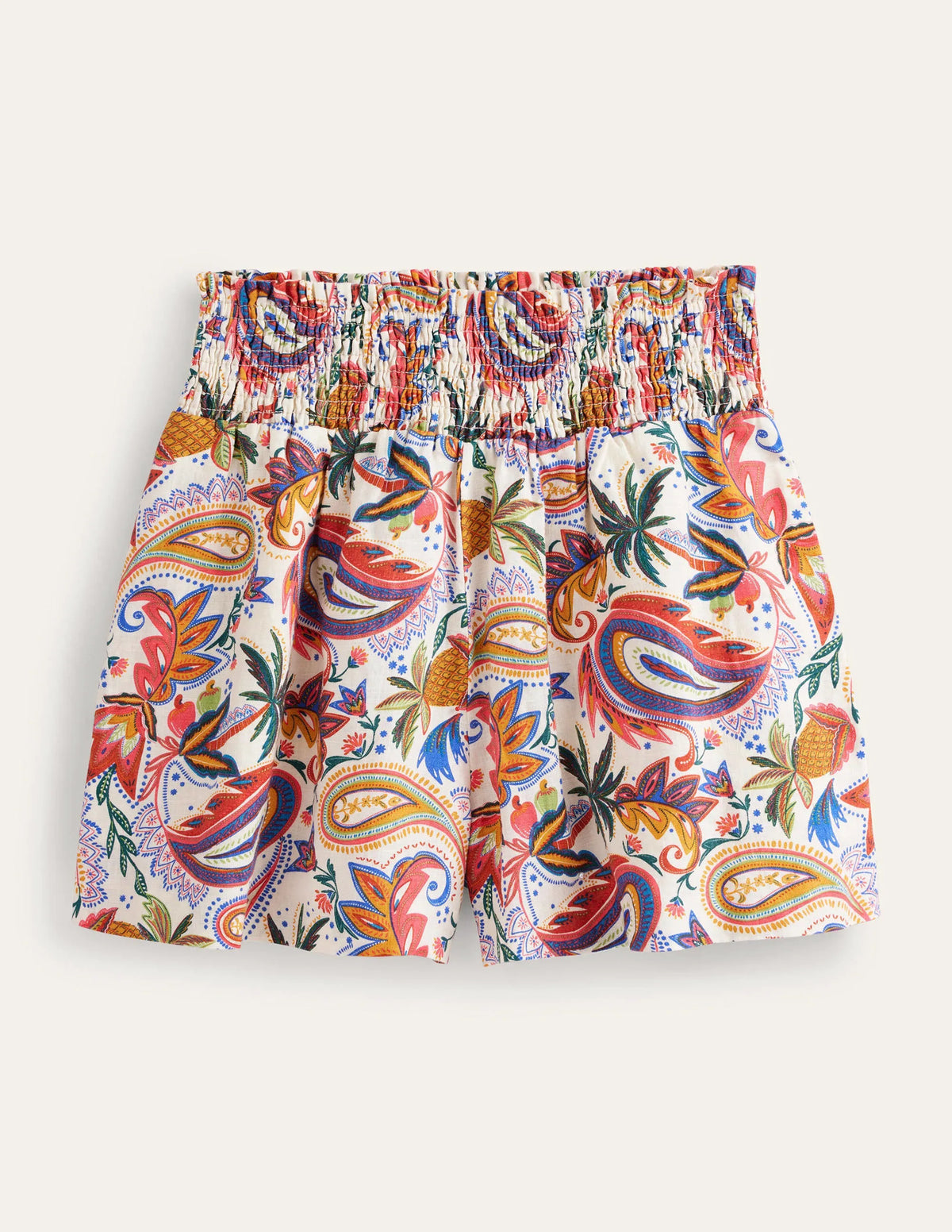 Linen Shirred Waist Shorts-Ivory Conversational Print