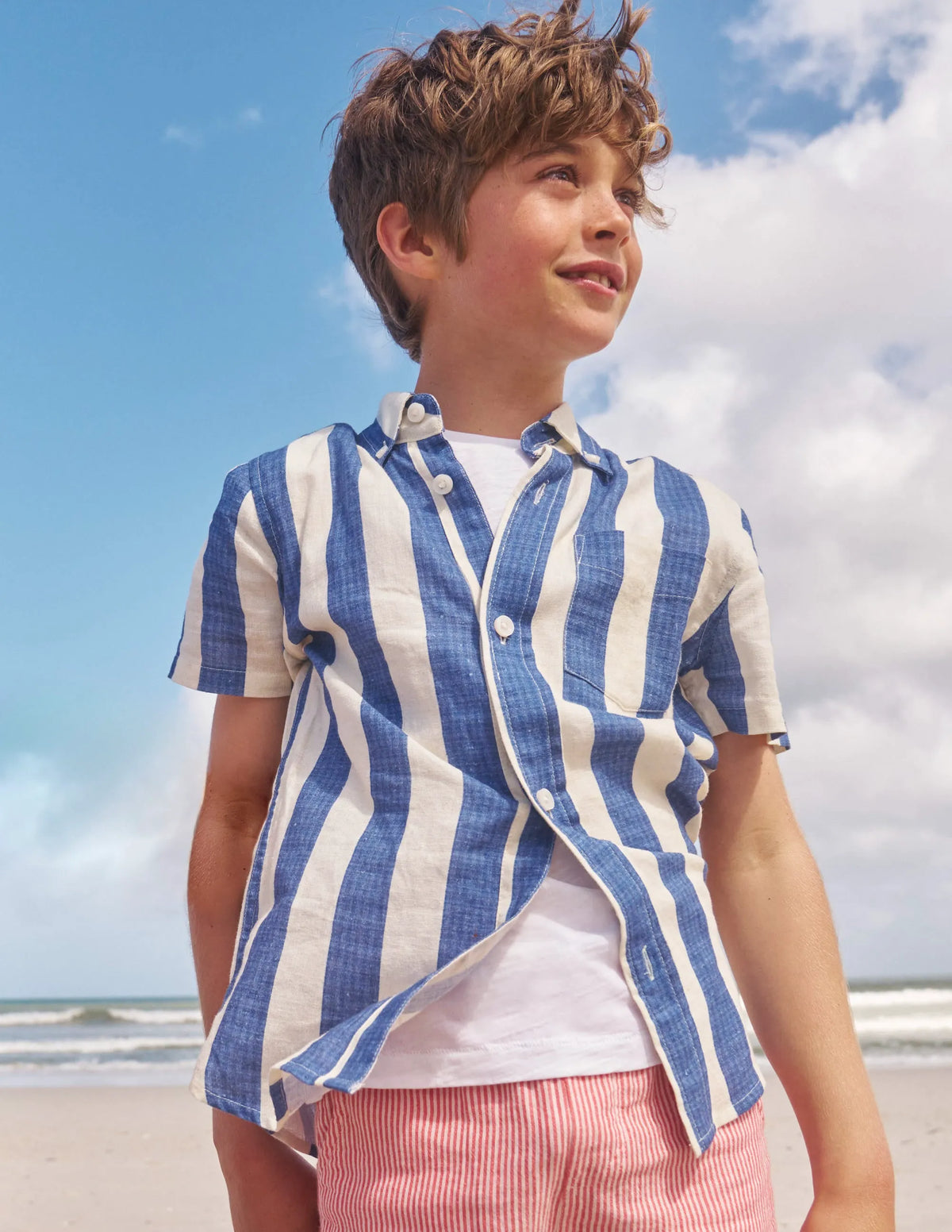 Cotton Linen Shirt-Sapphire Blue / Ivory Stripe