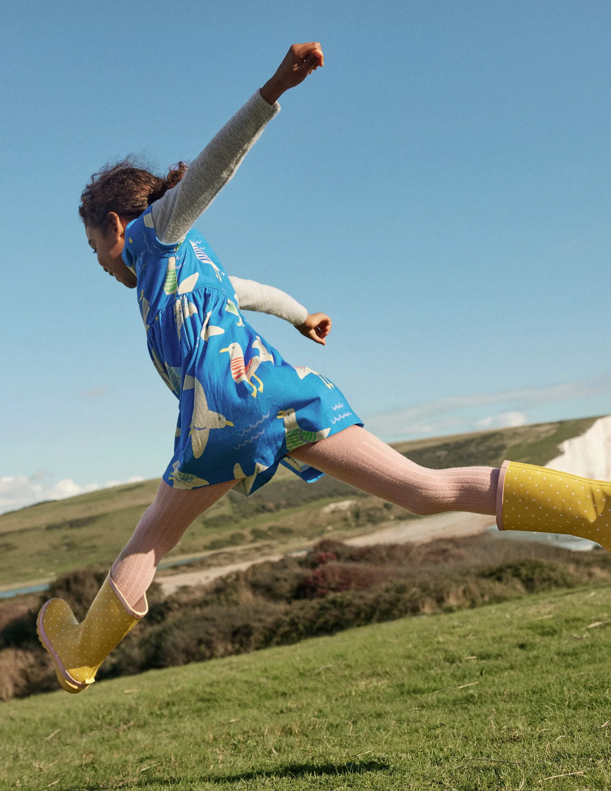 Short-sleeved Fun Jersey Dress-Blue Seagulls