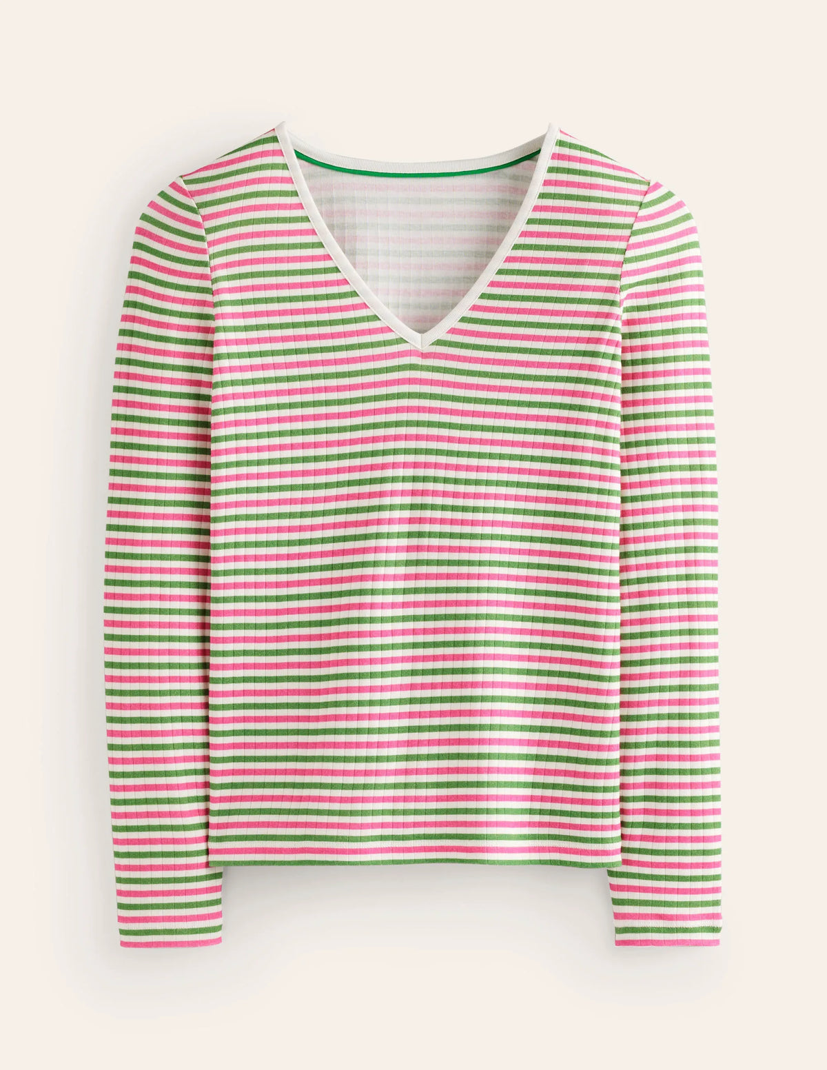 Anna Rib V-Neck T-Shirt-Green, Pink Stripe