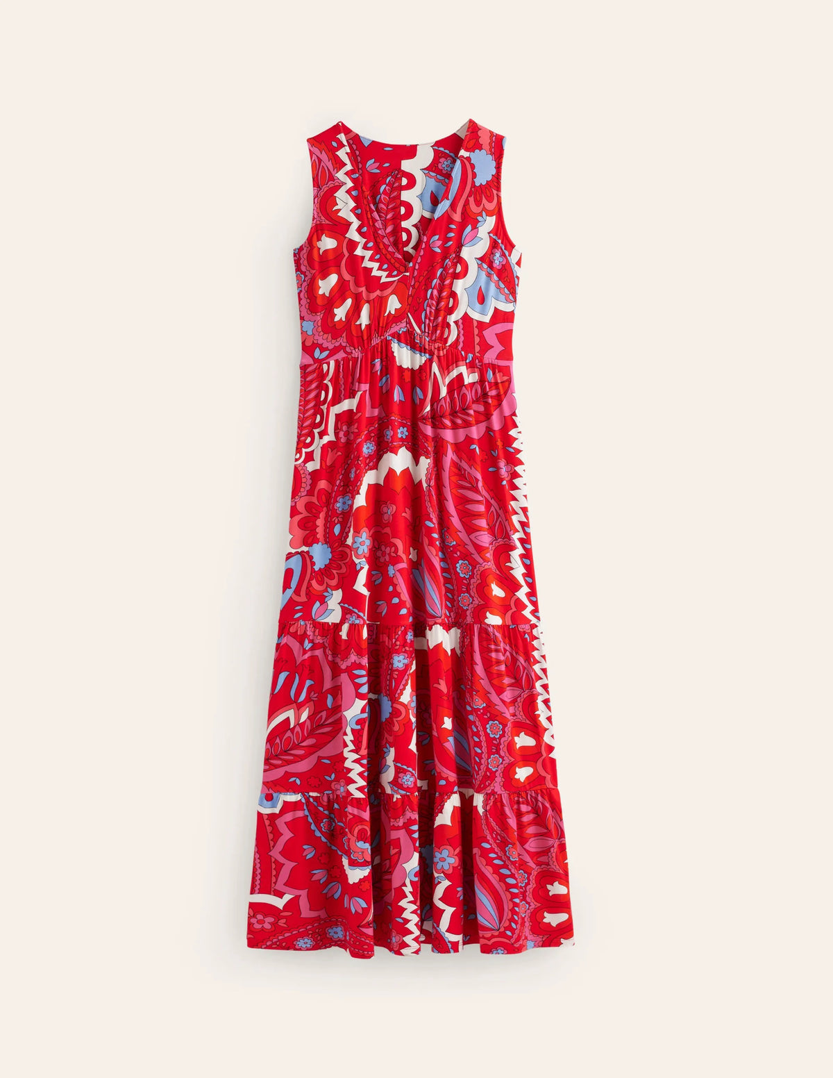 Sylvia Jersey Maxi Tier Dress-Flame Scarlet, Foliage Paisley