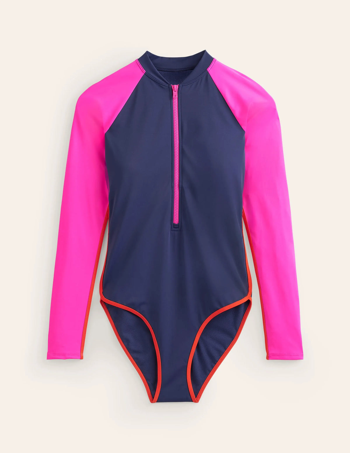 Piped Raglan Sleeve Swimsuit-Navy/ Super Pink Colourblock