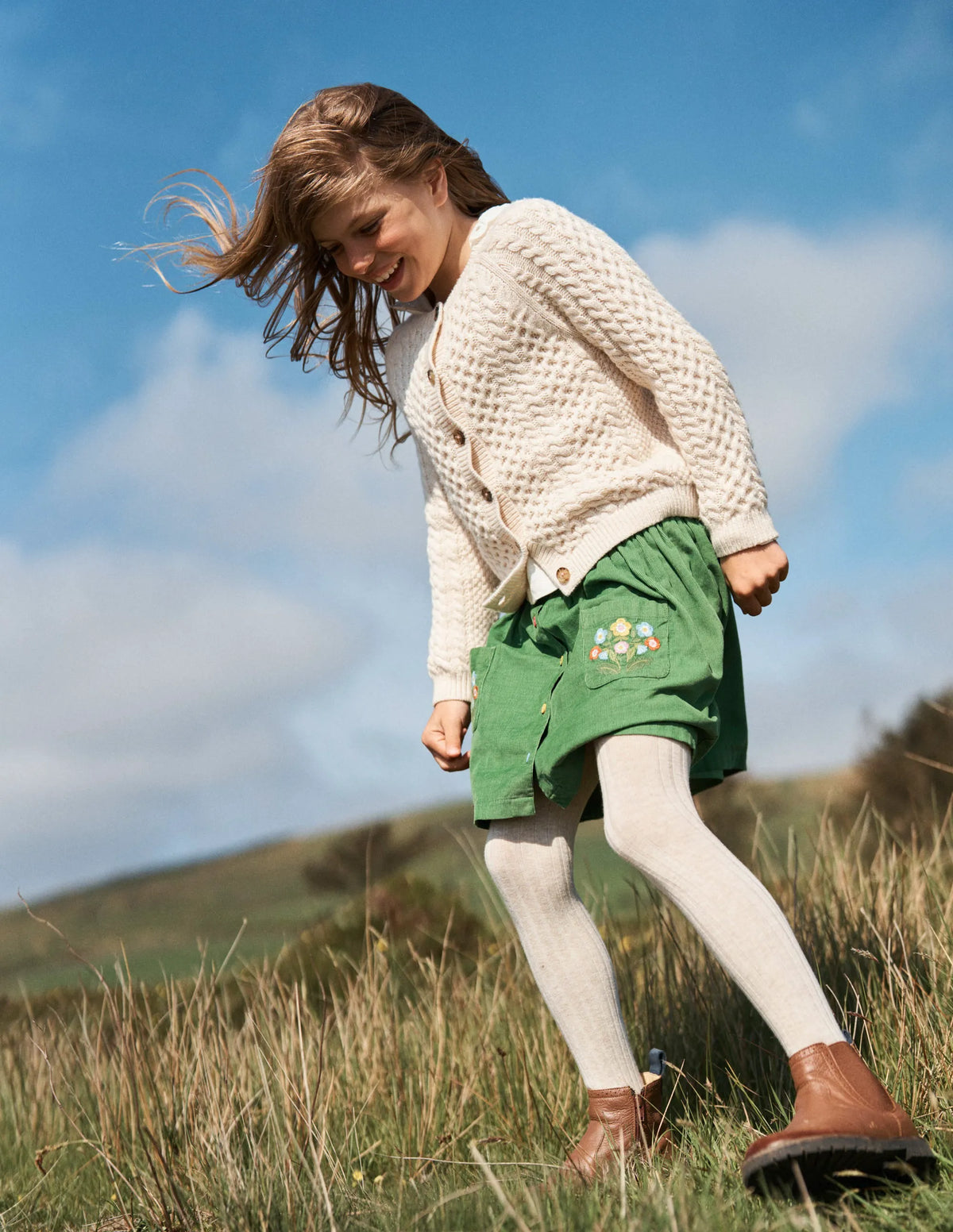Button-through Mini Skirt-Broccoli Green Flowers