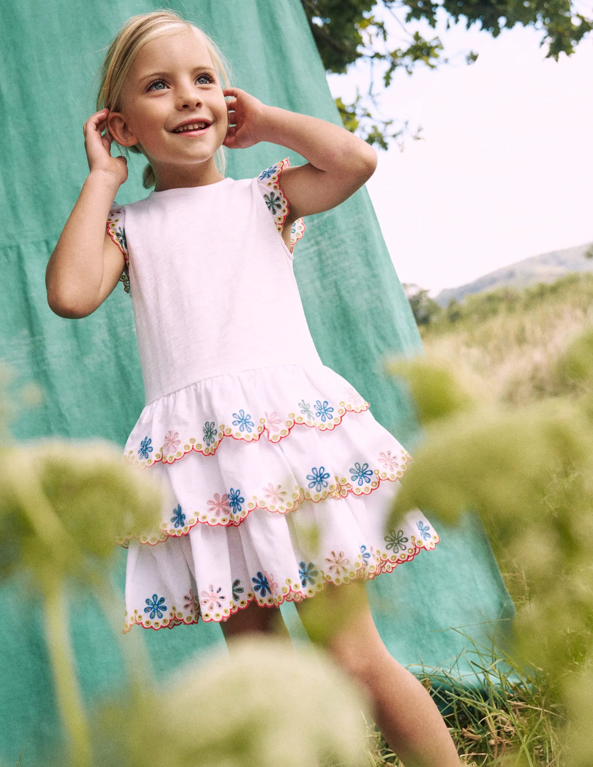 Broderie Mix Jersey Dress-White Rainbow
