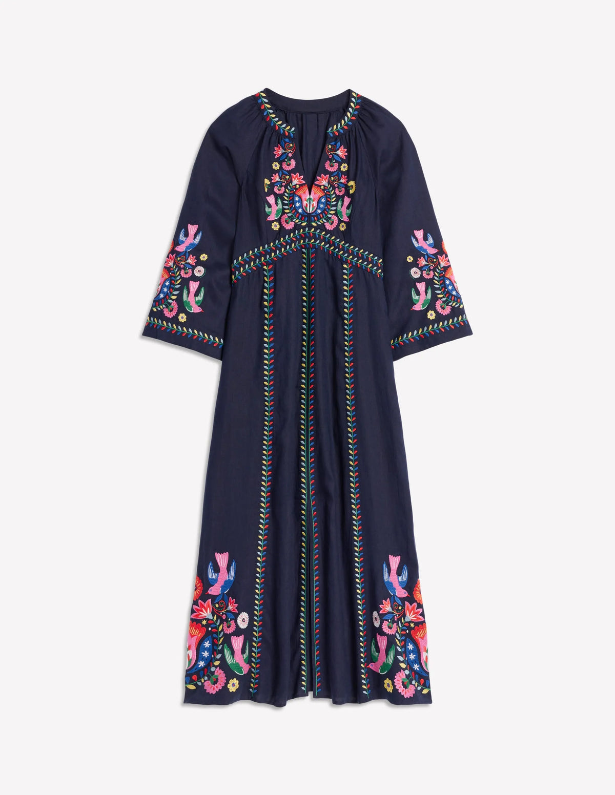 Una Linen Midi Dress-Navy, Multi Embroidery