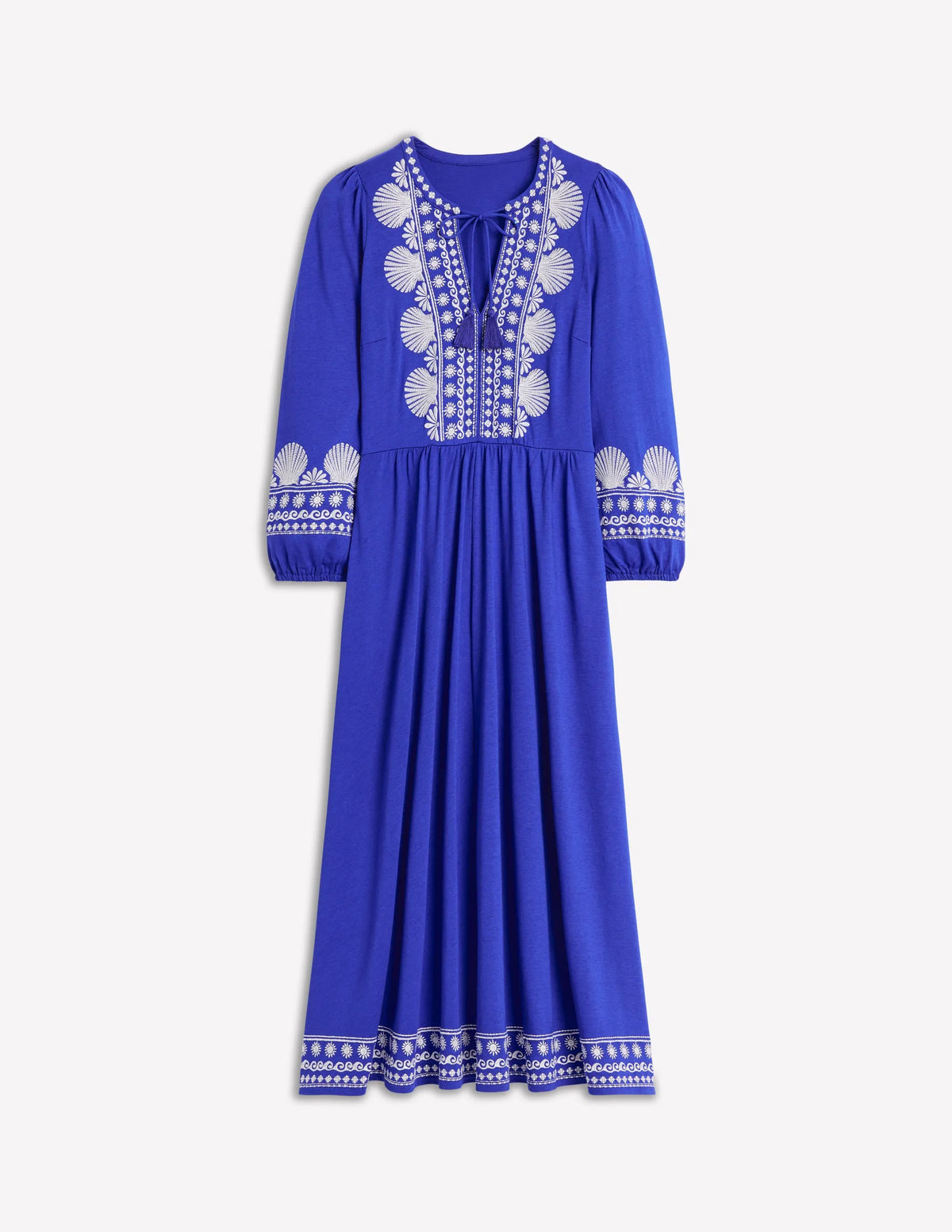 Embroidered Notch Neck Dress-Bright Blue, Ivory