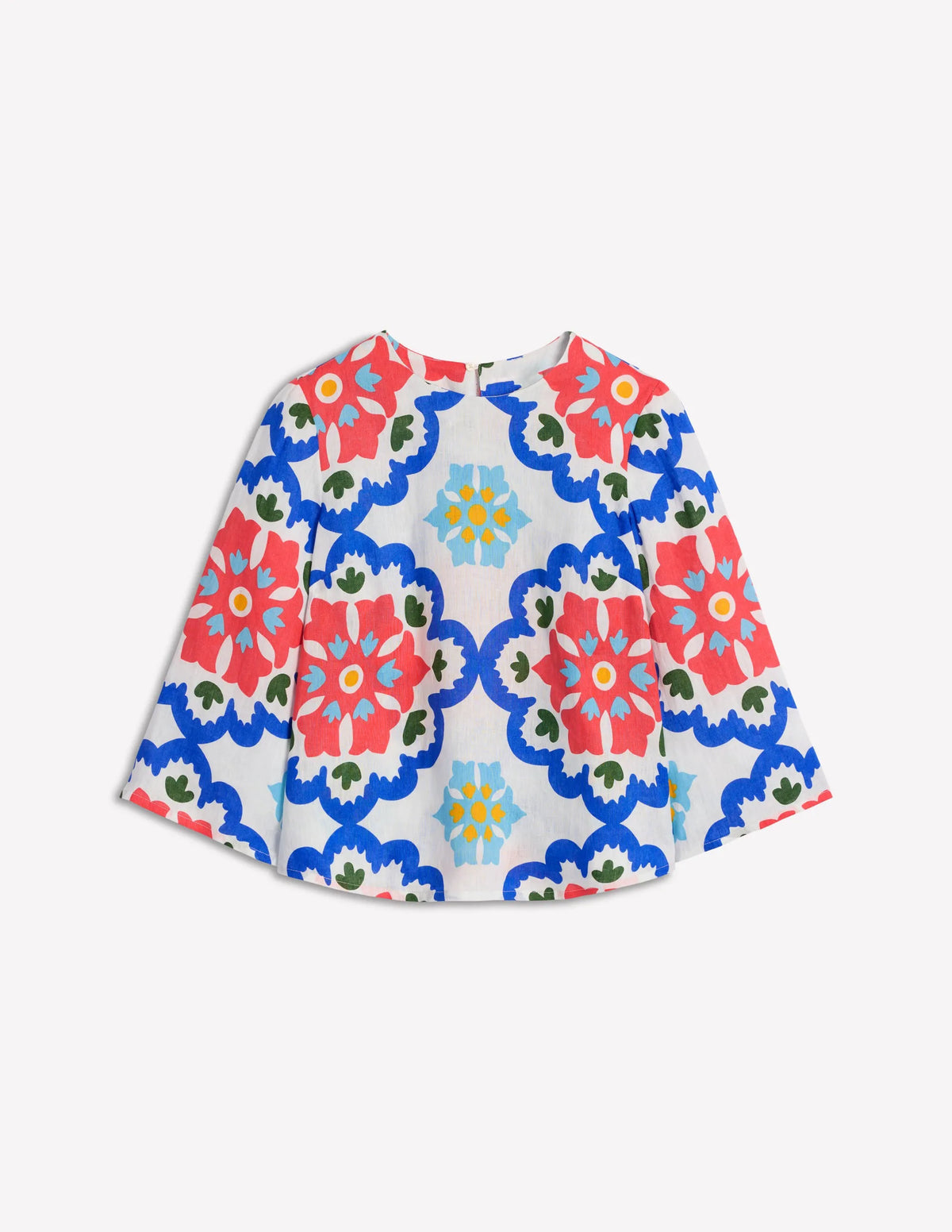 Fluted Sleeve Linen Top-Ivory, Bloom Geo