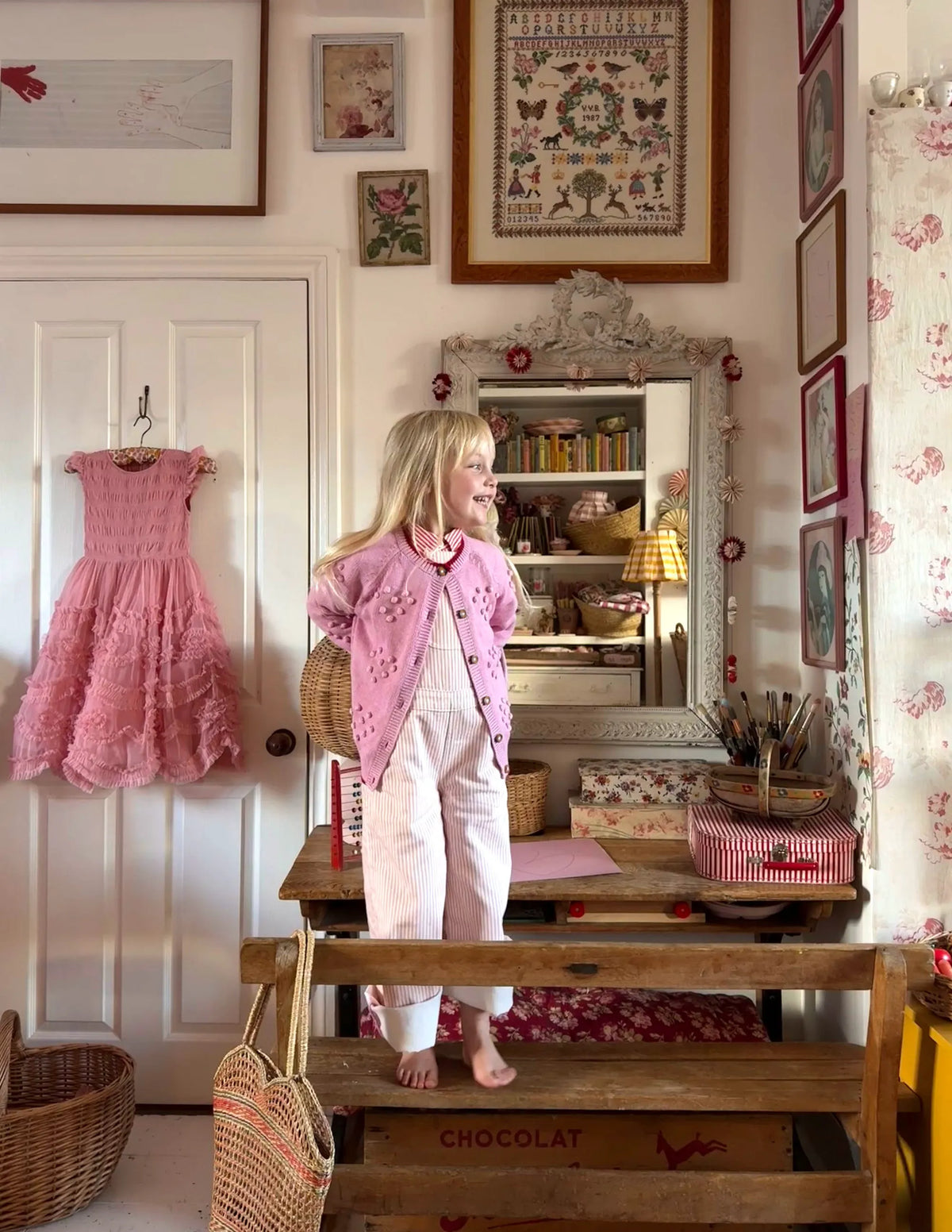 Wide Leg Overalls-Pink Ticking Stripe