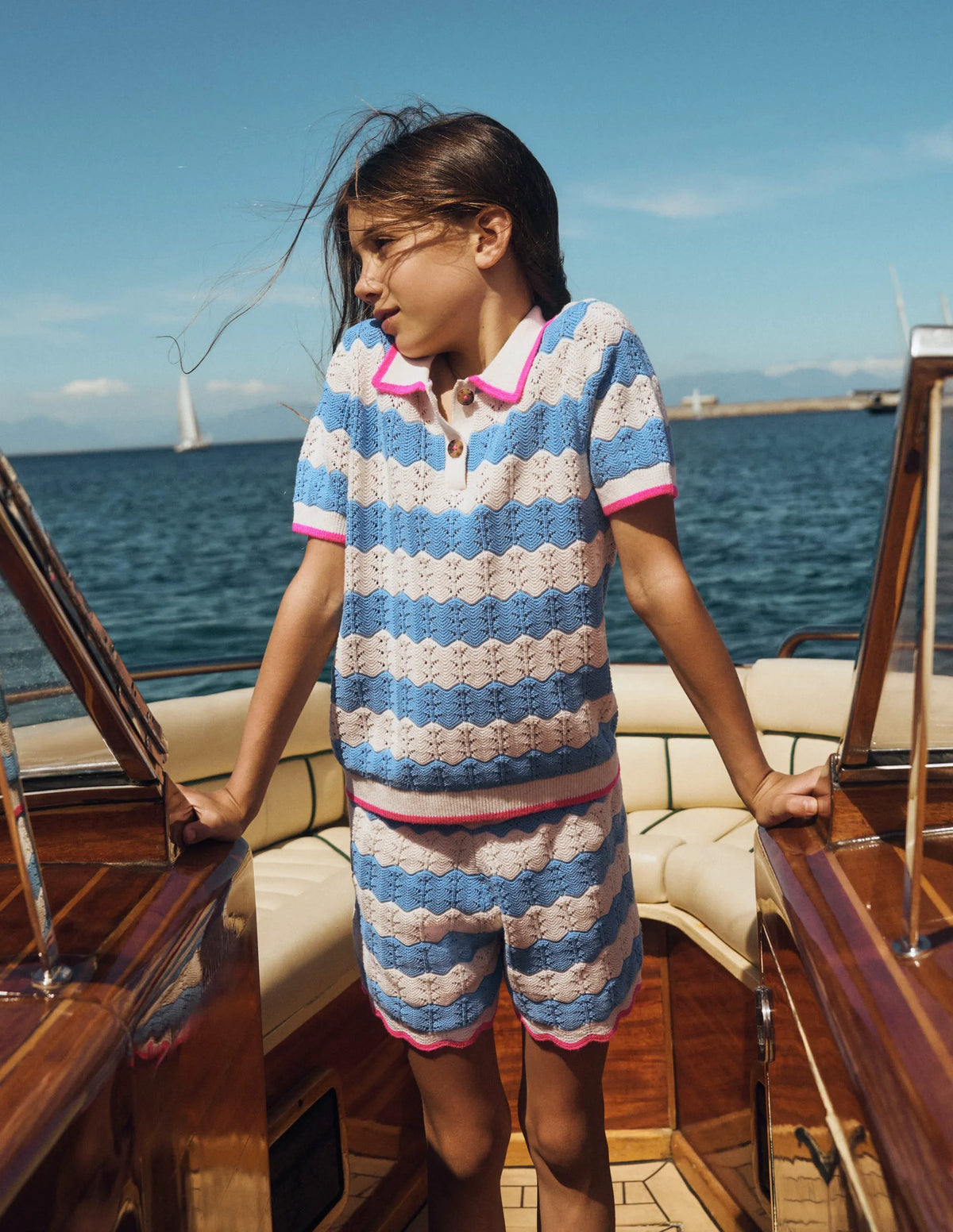 Pointelle Knitted Polo Top-Wave Blue