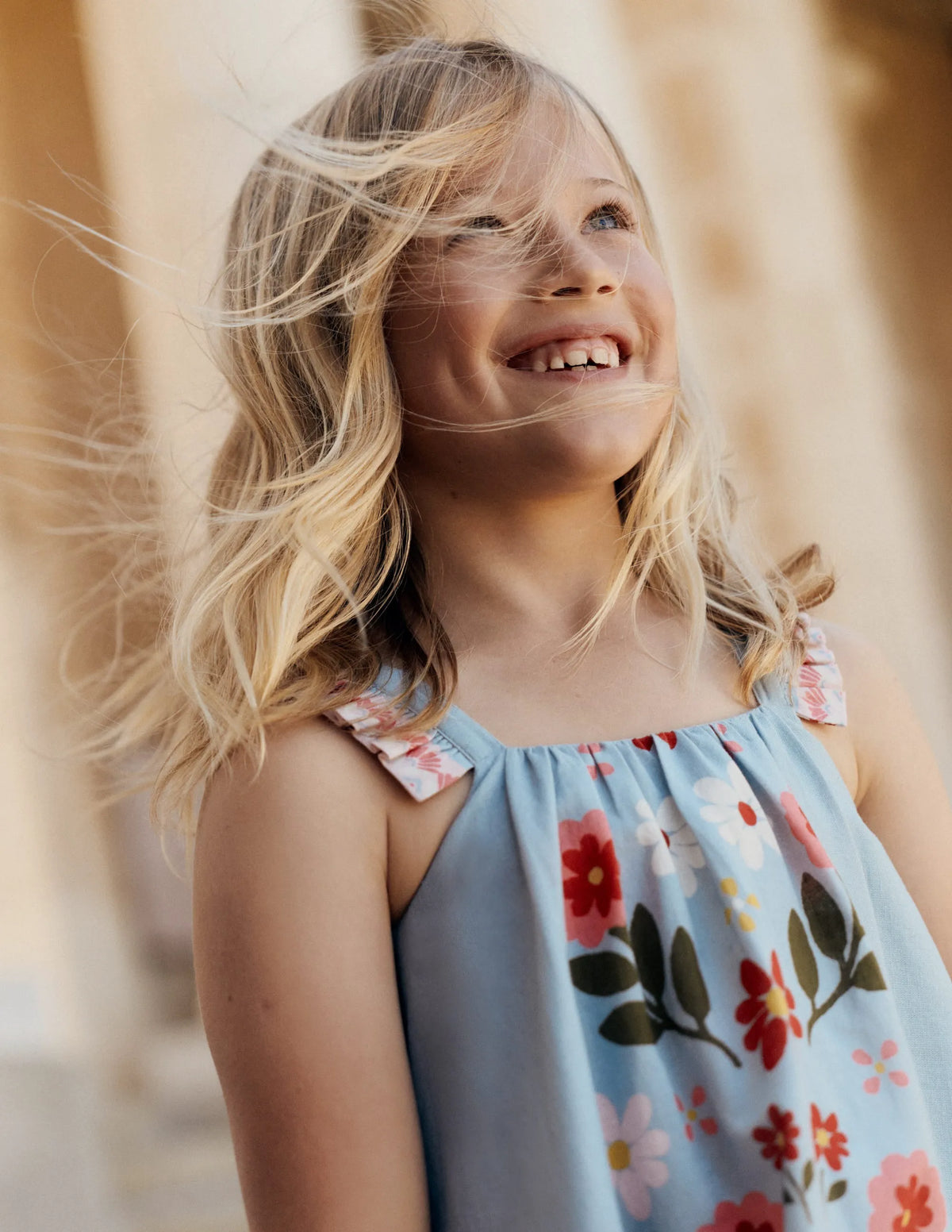 Ruffle Strap Sundress-Vintage Blue Floral Placement