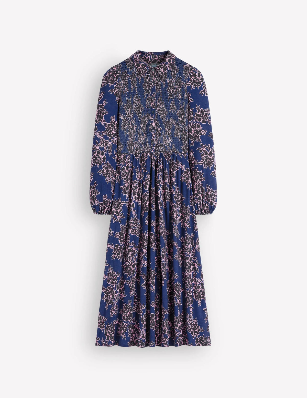 Smocked Jersey Dress-Denim Blue, Enchanted Peony