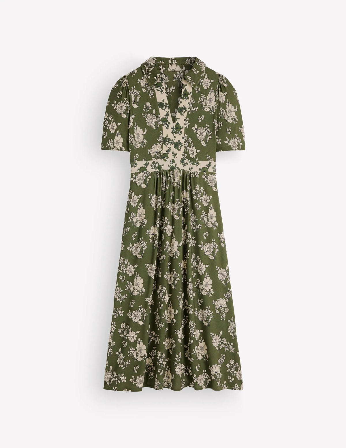 Heidi Jersey Midi Tea Dress-Olive, Floral Field Spaced
