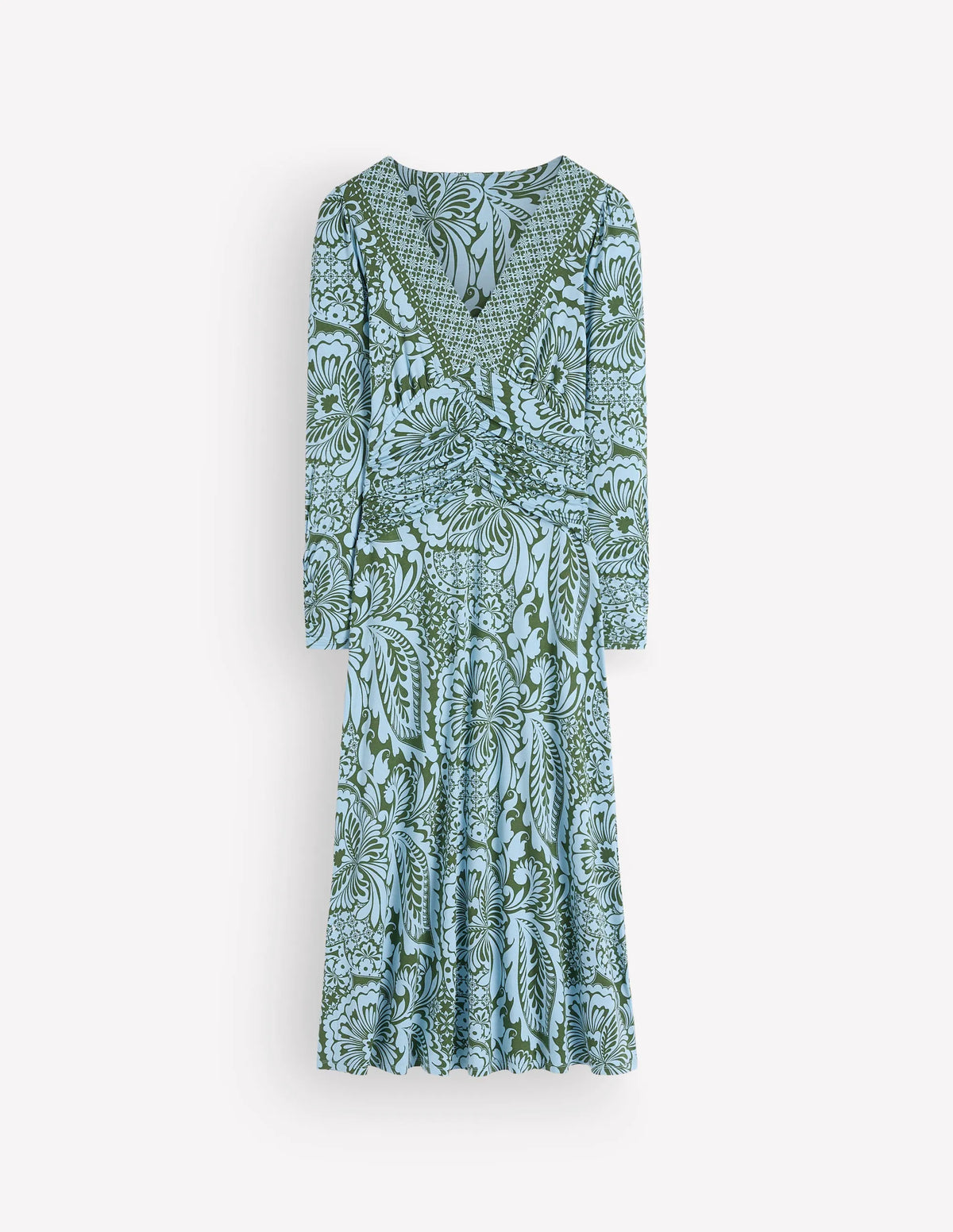 Mya Ruched Jersey Midi Dress-Forest Green, Botanical Medley