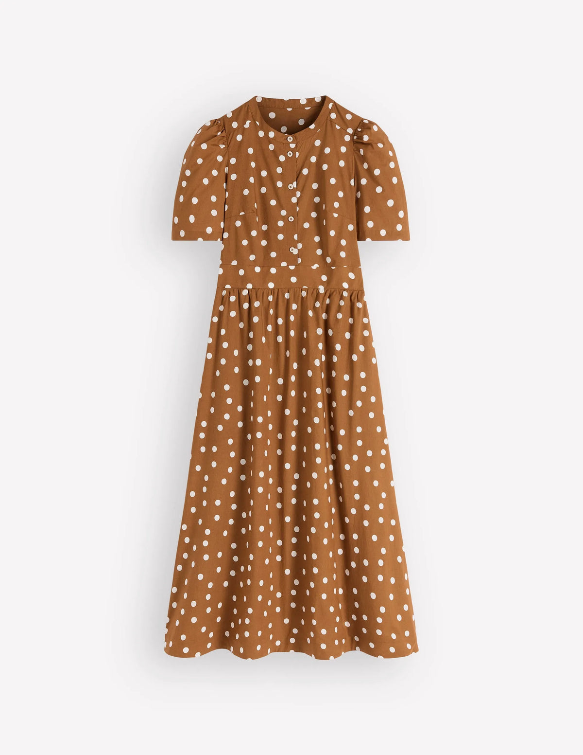 Ivy Button Cotton Midi Dress-Brown Painted Dot Spaced