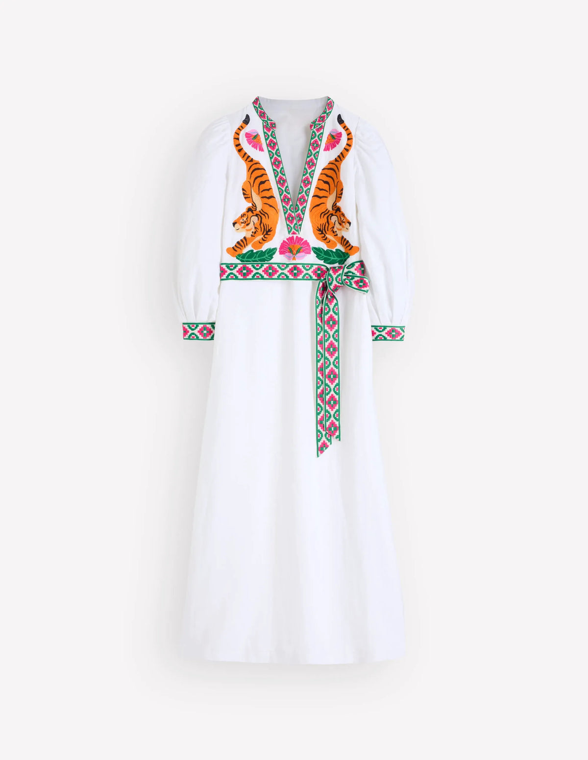 Octavia Linen Blend Dress-Tiger Embroidery