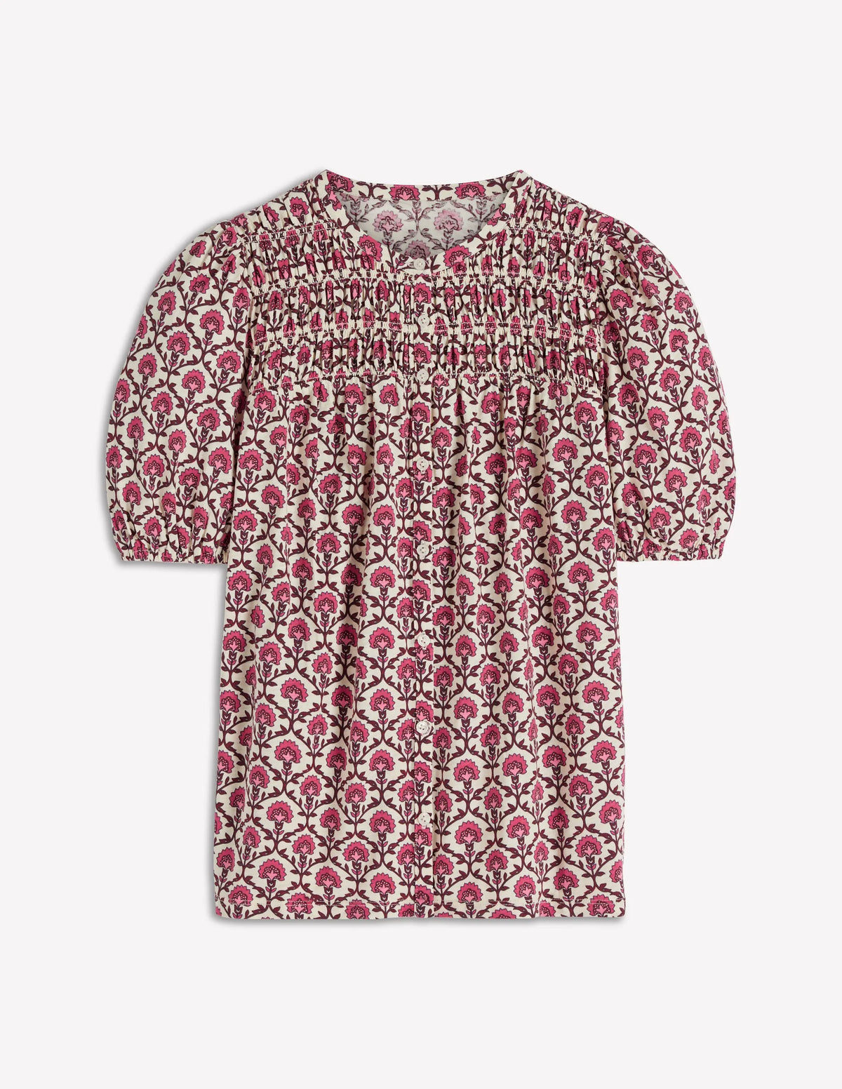 Mya Short Sleeve Smocked Shirt-Strawberry Pink,Flower Lattice