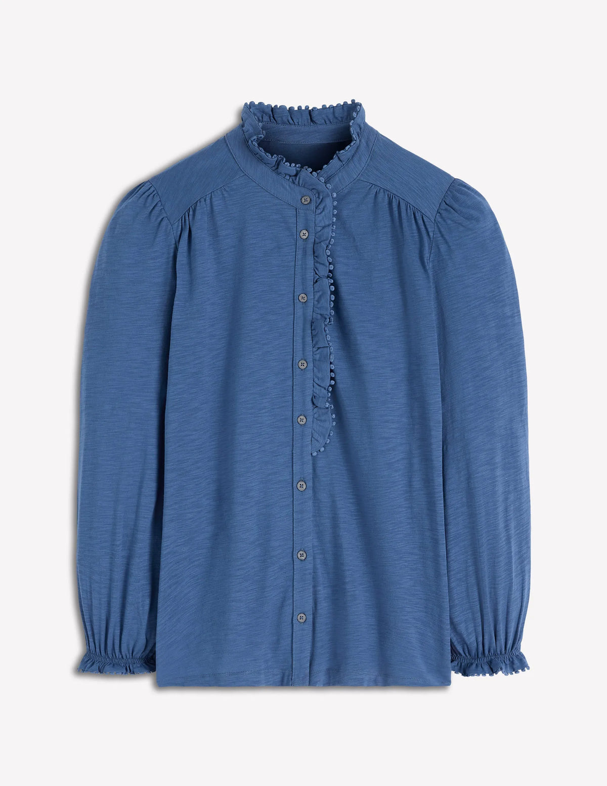 Emily Pom Trim Ruffle Shirt-Denim Blue