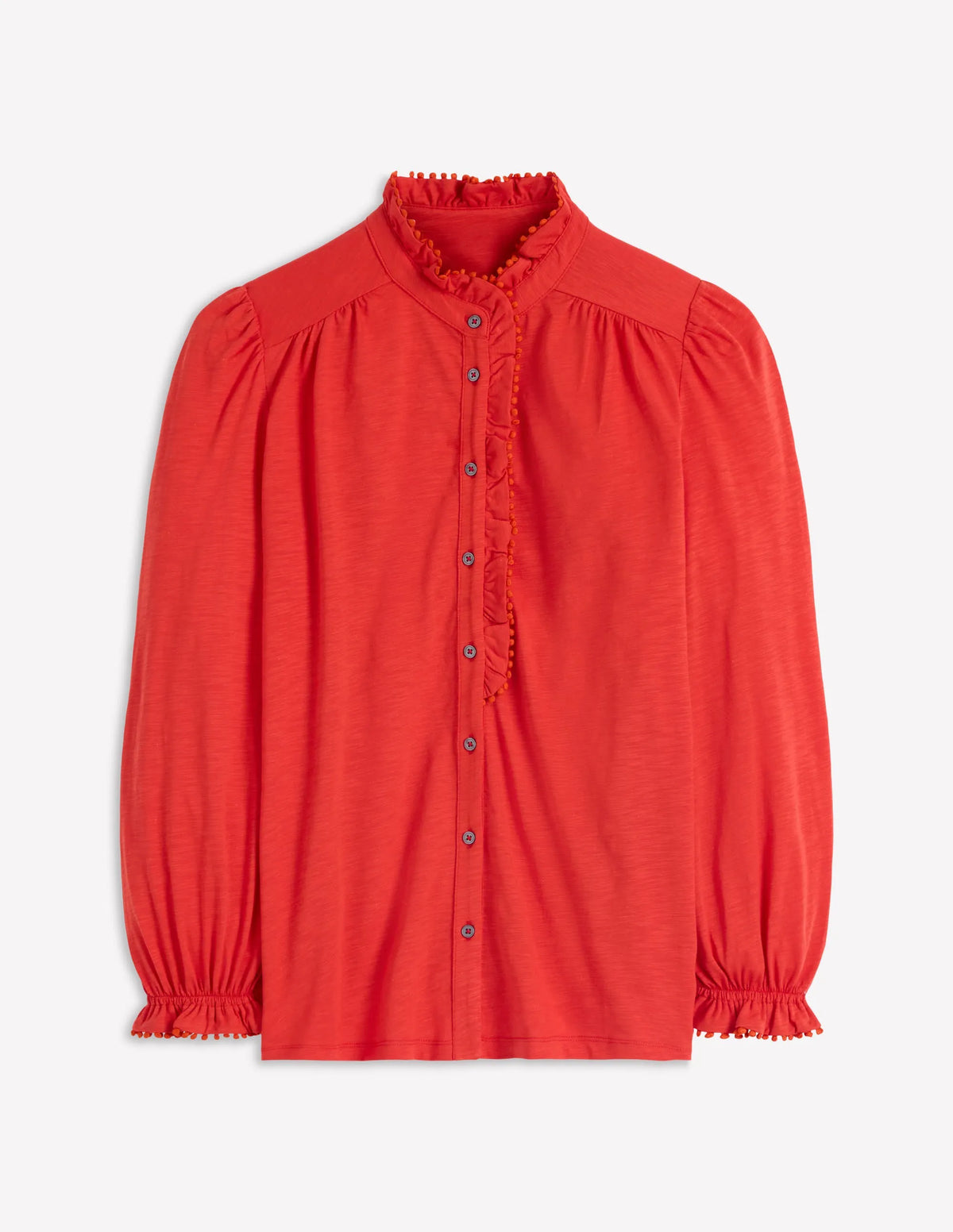 Emily Pom Trim Ruffle Shirt-Blood Orange