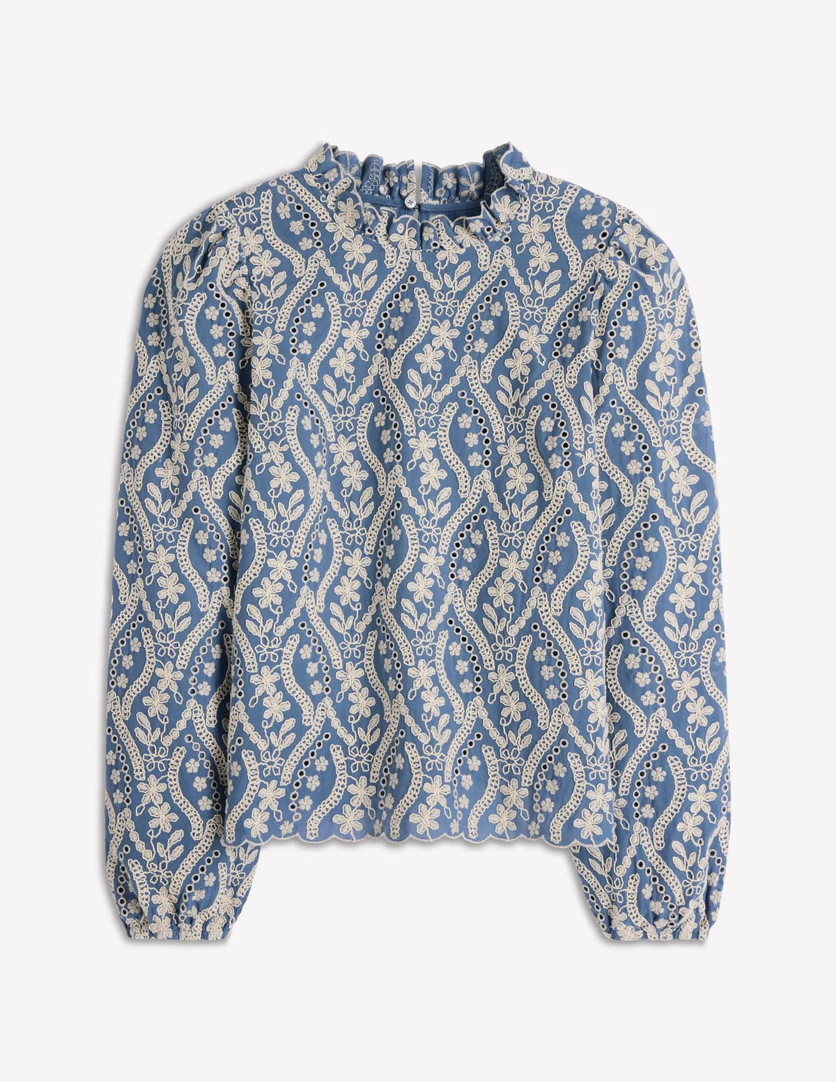 Puff Sleeve Interest Top-Blue and Ivory Broderie