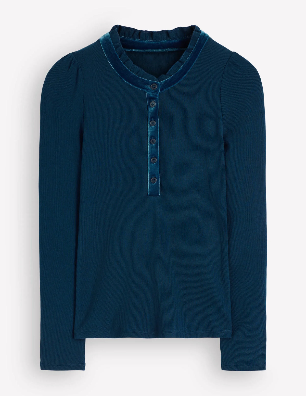 Velvet Ruffle Trim Henley Top-Sailor Blue