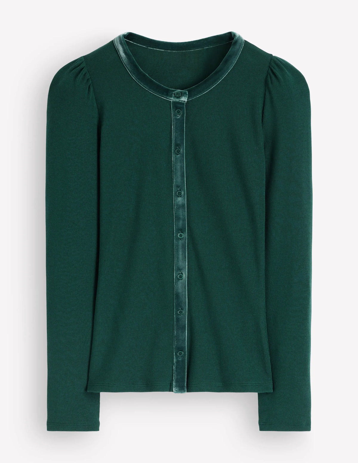 Velvet Trim Ribbed Cardigan-Green Pine